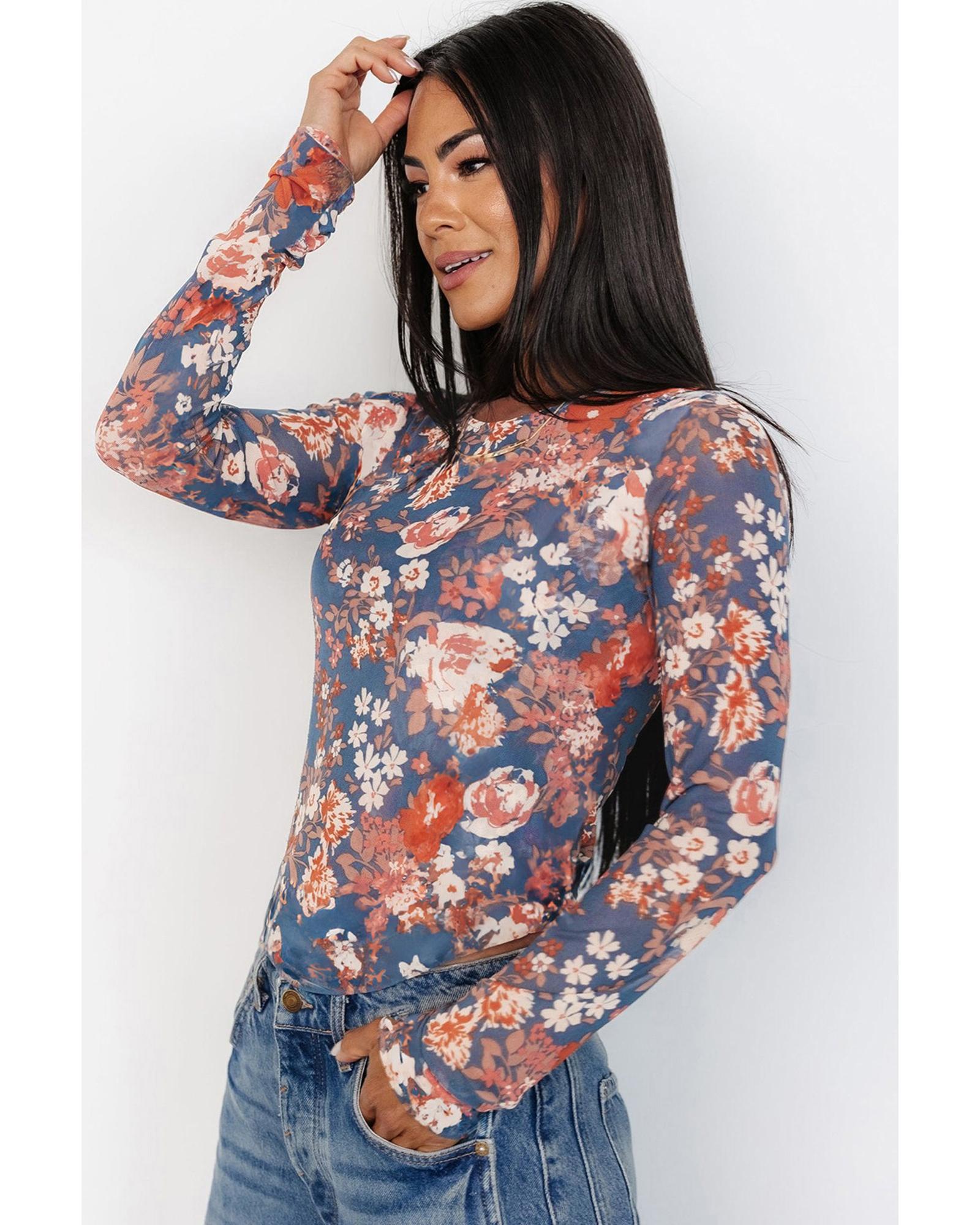 V539-AZEXDC25129958-P708-XL-202508271305-00 Orchid Petal Floral Print Mesh Fitted Long Sleeve Top - XL - Image 1