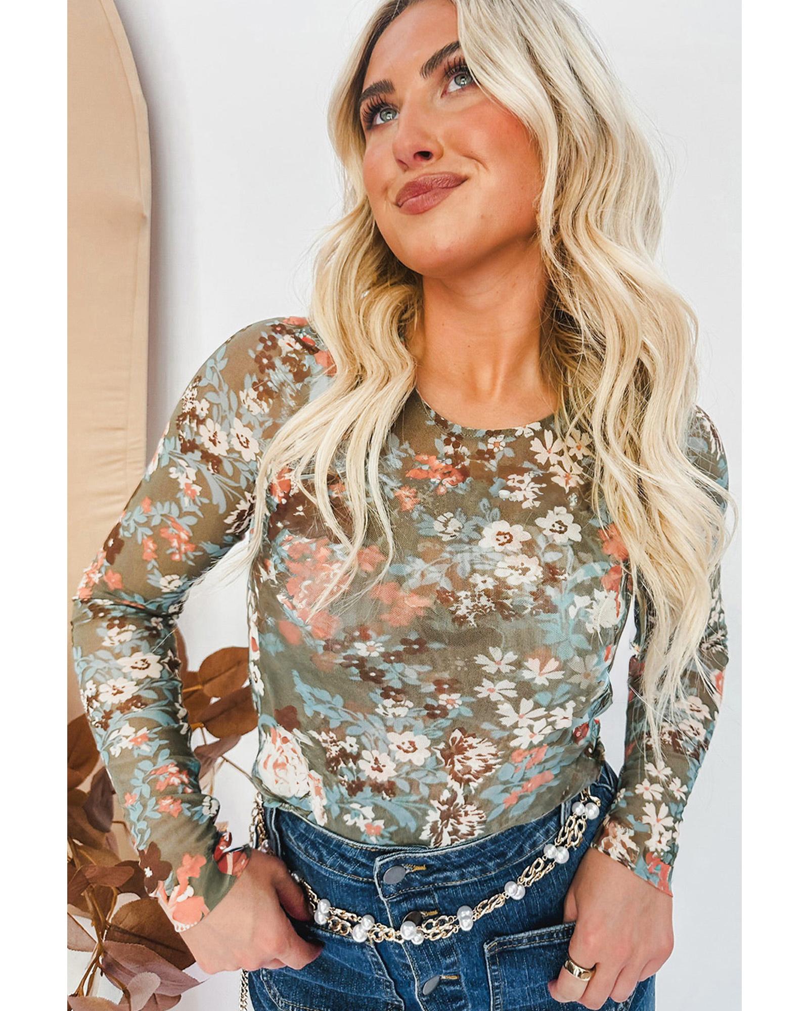 V539-AZEXDC25129958-P920-M-202508271315-00 Green Floral Print Mesh Fitted Long Sleeve Top - M - Image 1