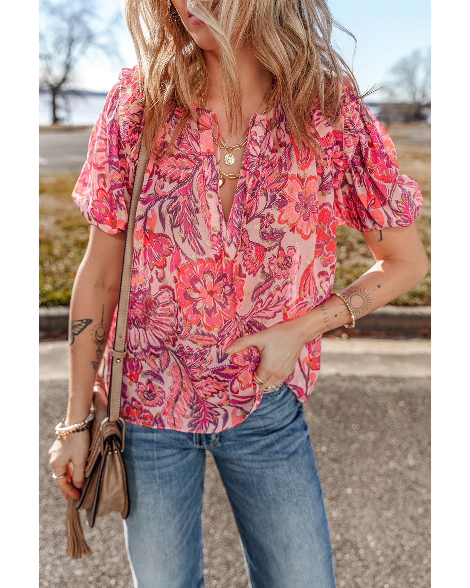 V539-AZEXDC25129967-P10320-S-202506120741-00 Red Floral Print Ruffled Puff Short Sleeve Blouse - S - Image 1