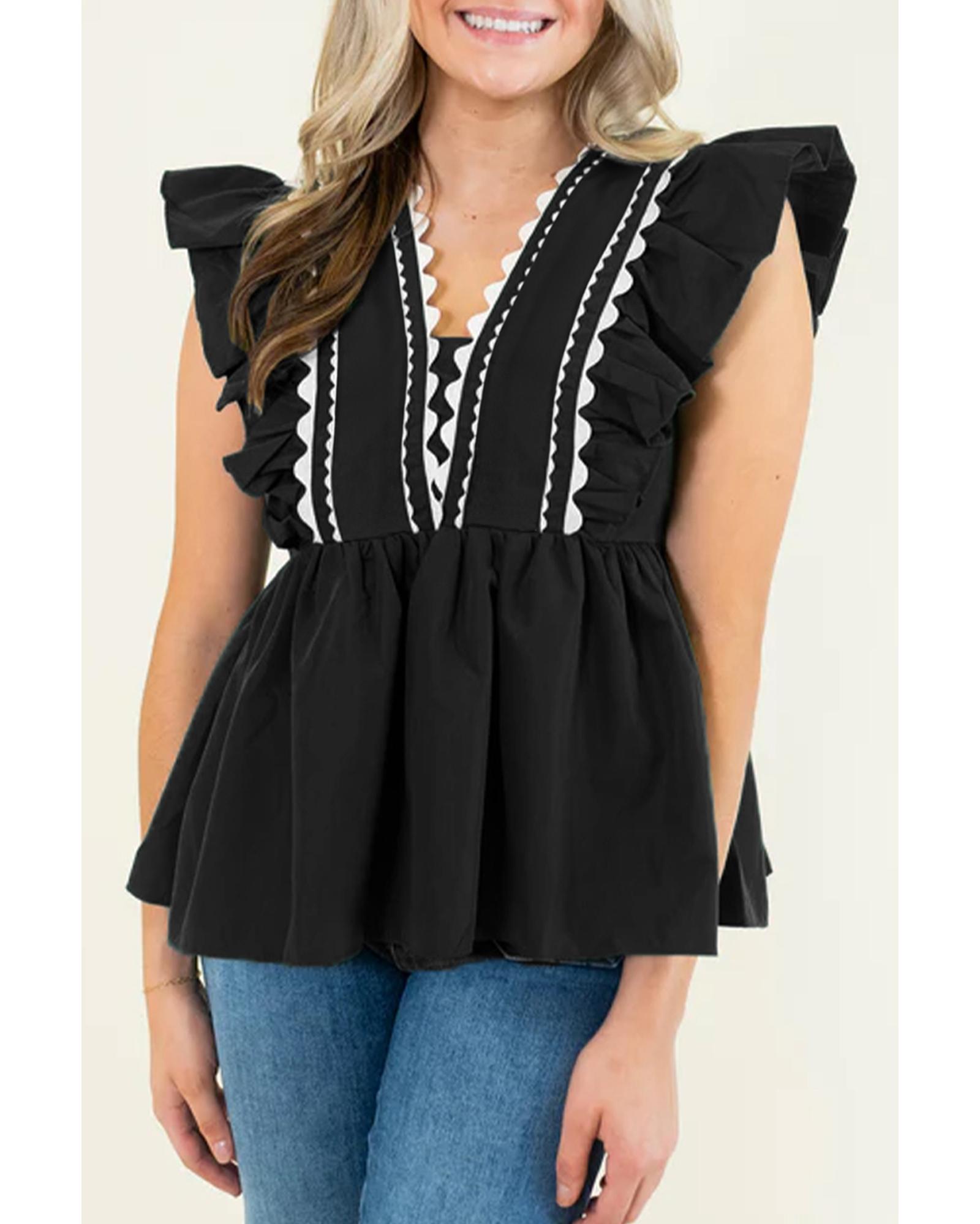 V539-AZEXDC25129969-P2-M-202508271835-00 Black Contrast Ricrac Trim Ruffled V Neck Peplum Top - M - Image 1