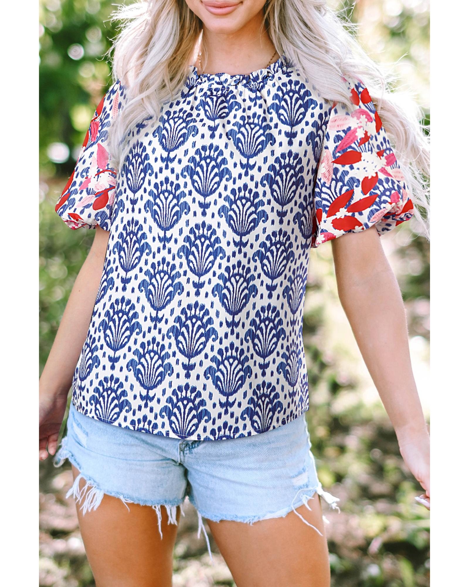 V539-AZEXDC25130061-P520-S-202508270835-00 Blue Western Fashion Print Floral Puff Sleeve Frilled Neck Blouse - S - Image 1