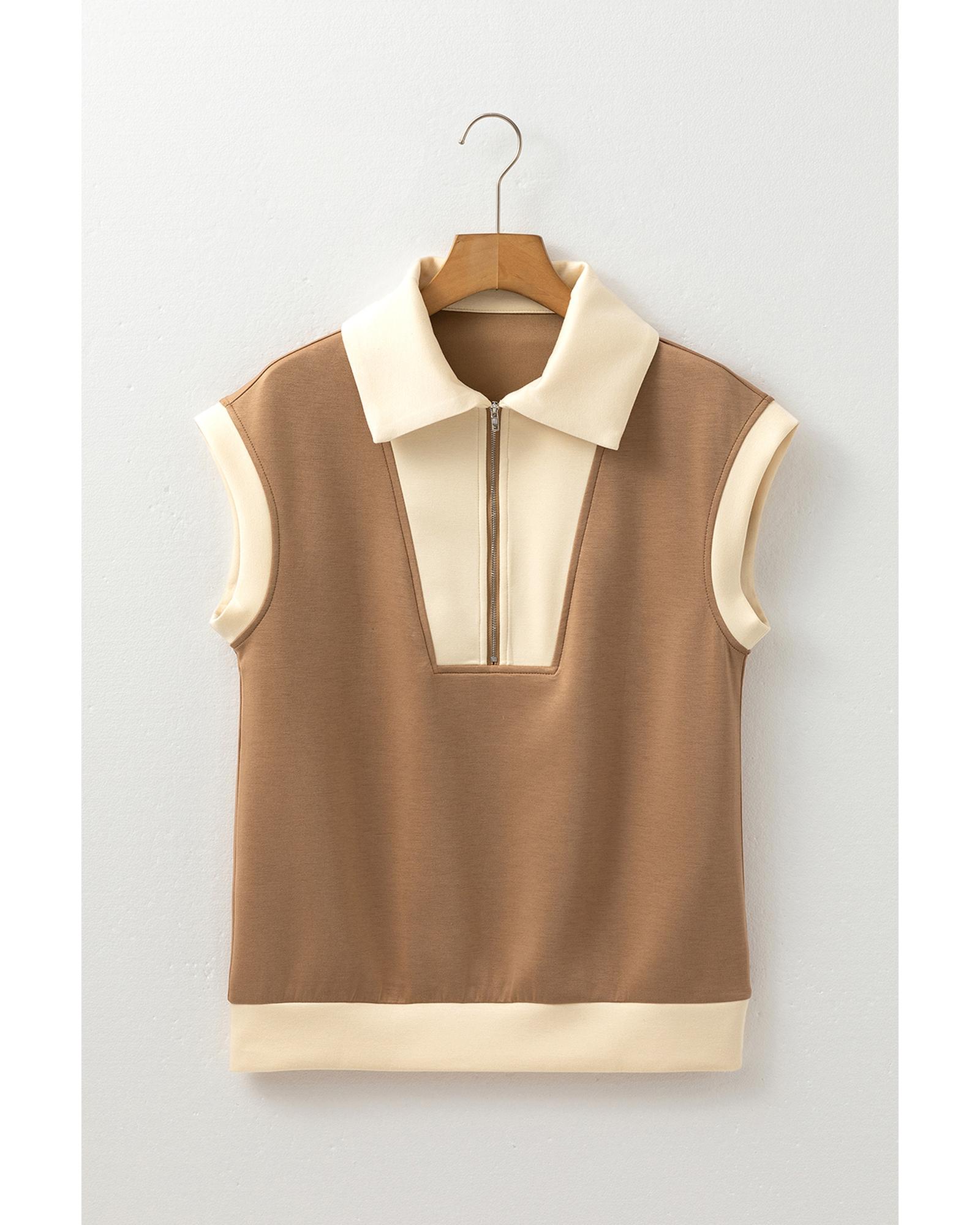 V539-AZEXDC25130153-P6017-S-202506120936-00 Simply Taupe Half Zipper Collared Colorblock Short Sleeve Top - S - Image 1