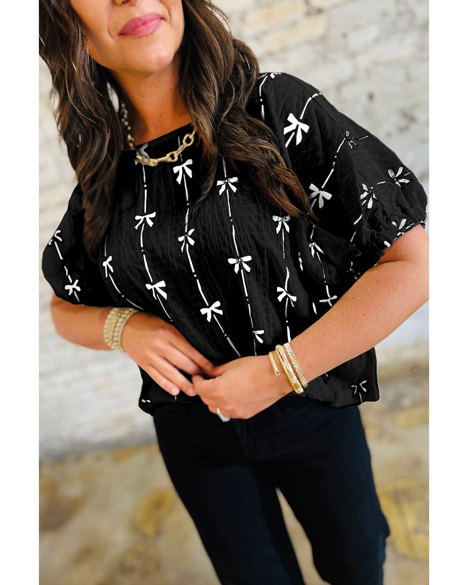 V539-AZEXDC25130205-P220-L-202506121021-00 Black Bow Print Puff Short Sleeve Top - L - Image 1