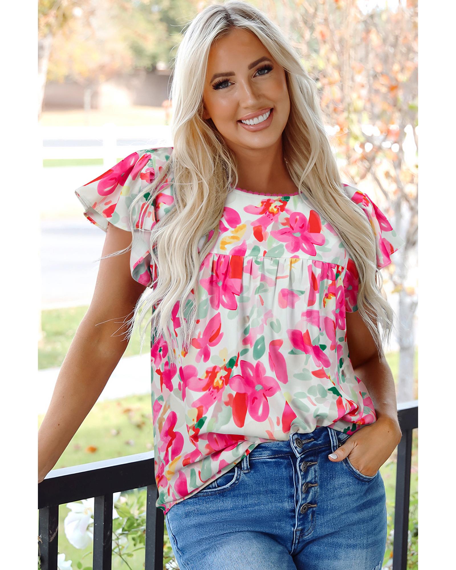 V539-AZEXDC25130212-P620-M-202508270500-00 Rose Floral Print Flutter Sleeve Round Neck Casual Blouse - M - Image 1