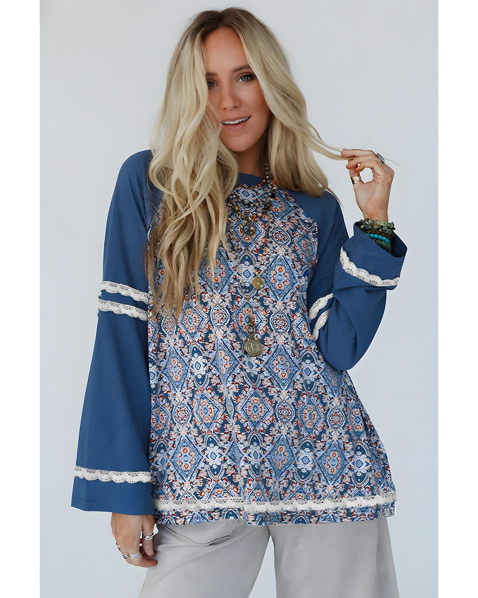 V539-AZEXDC25130215-P520-S-202506121041-00 Blue Geometric Printed Lace Patchwork Ric Rac Raglan Long Sleeve Top - S - Image 1