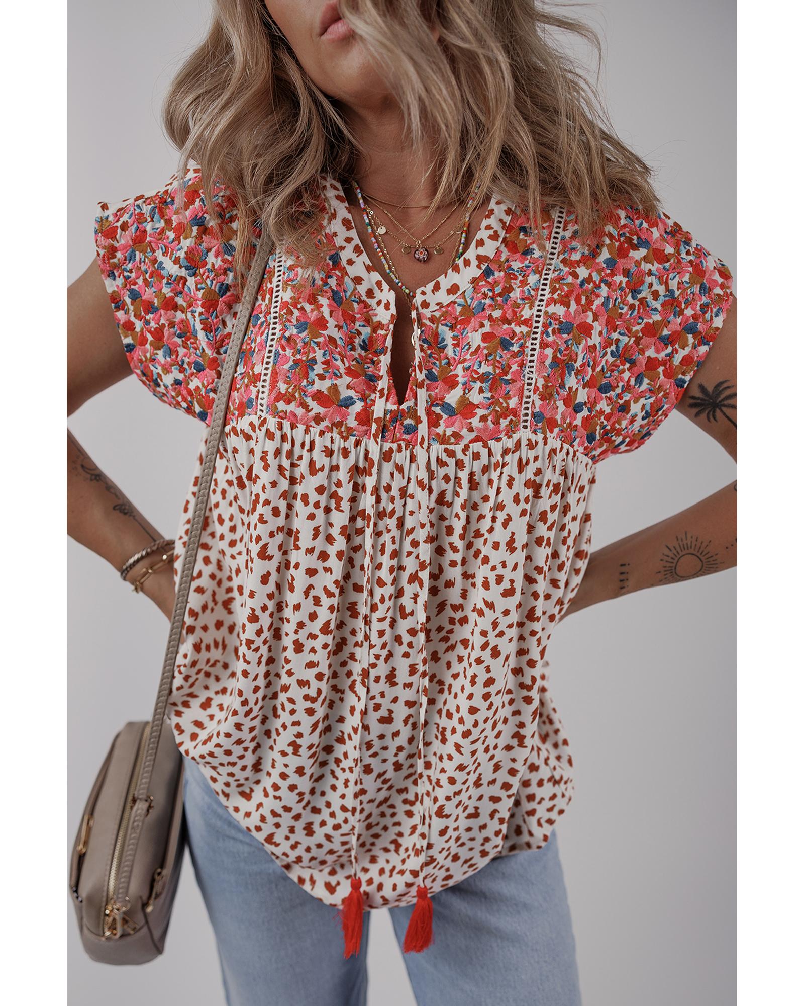 V539-AZEXDC25130257-P322-L-202508270530-00 Red Printed Embroidery Detail Tie Split Neck Blouse - L - Image 1