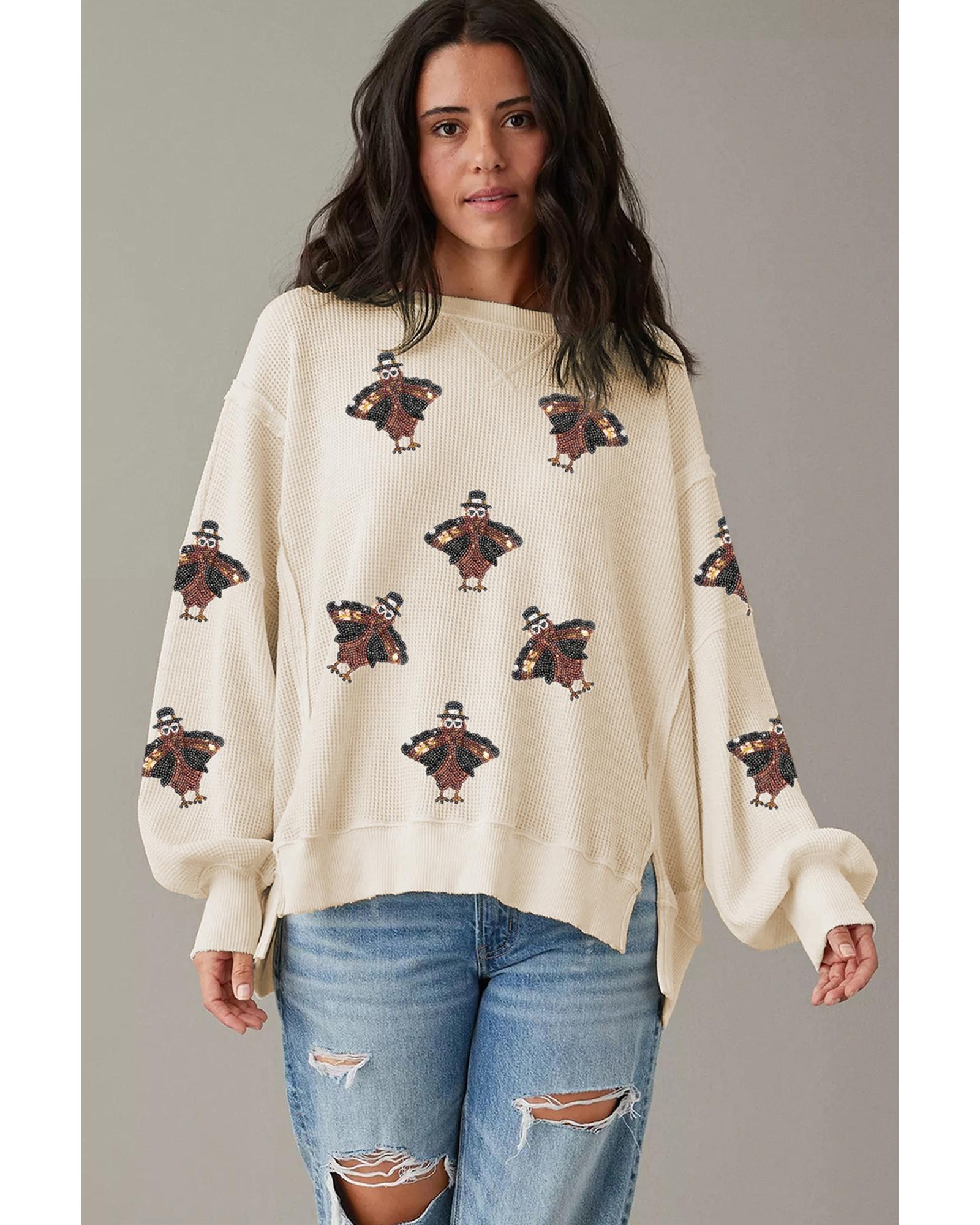 V539-AZEXDC25130282-P1-2XL-202508270510-00 White Thanksgiving Turkey Waffle Oversized Knit Top - 2XL - Image 1