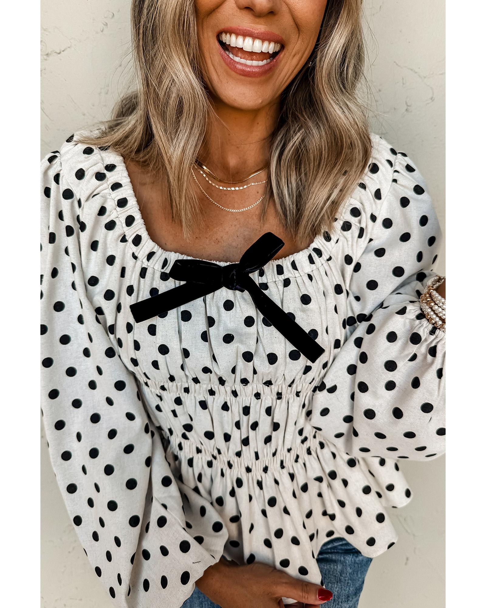 V539-AZEXDC25130285-P220-L-202508271705-00 Black Polka Dot Puff Sleeve Bow Square Neck Peplum Top - L - Image 1