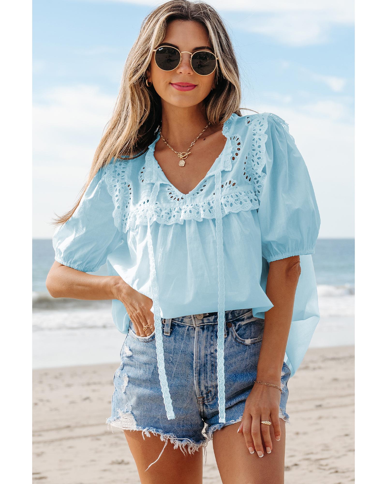 V539-AZEXDC25130292-P204-M-202508270540-00 Mist Blue Embroidered Lace Patchwork Tie Neck Puff Short Sleeve Blouse - M - Image 1