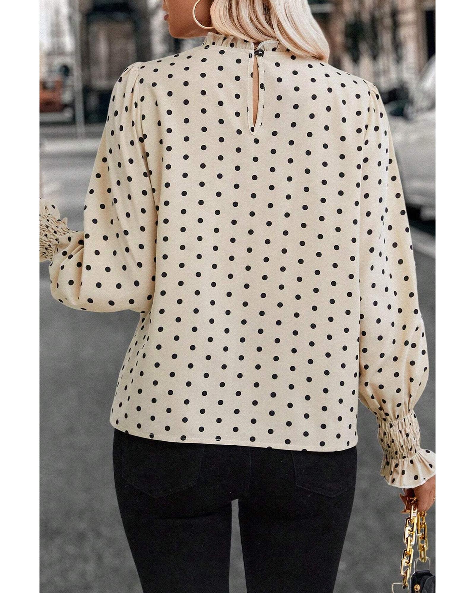 V539-AZEXDC25130296-P1820-S-202506121151-00 Apricot Polka Dot Print Frilled Collar Lantern Sleeve Blouse - S - Image 1