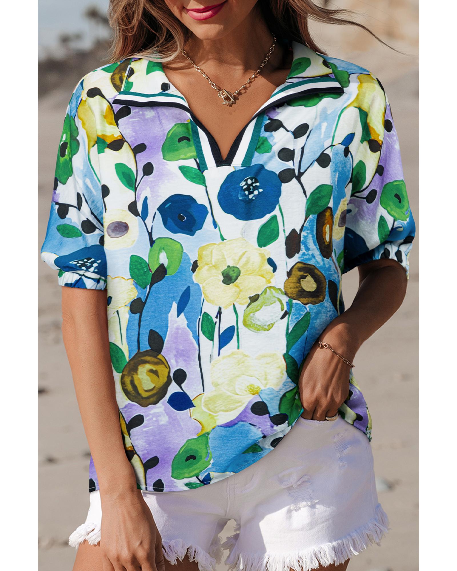 V539-AZEXDC25130310-P4-M-202508270855-00 Light Blue Floral Print Slit V Neck Short Sleeve Blouse - M - Image 1