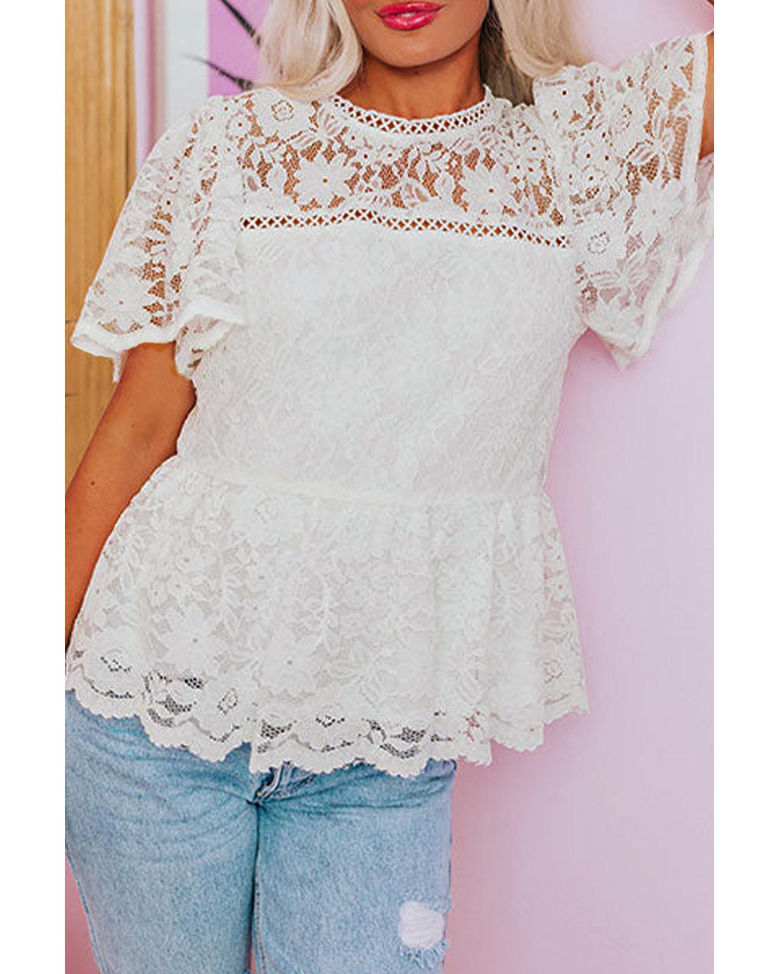 V539-AZEXDC25130342-P1-S-202506121237-00 White Short Sleeve Scalloped Floral Lace Peplum Blouse - S - Image 1
