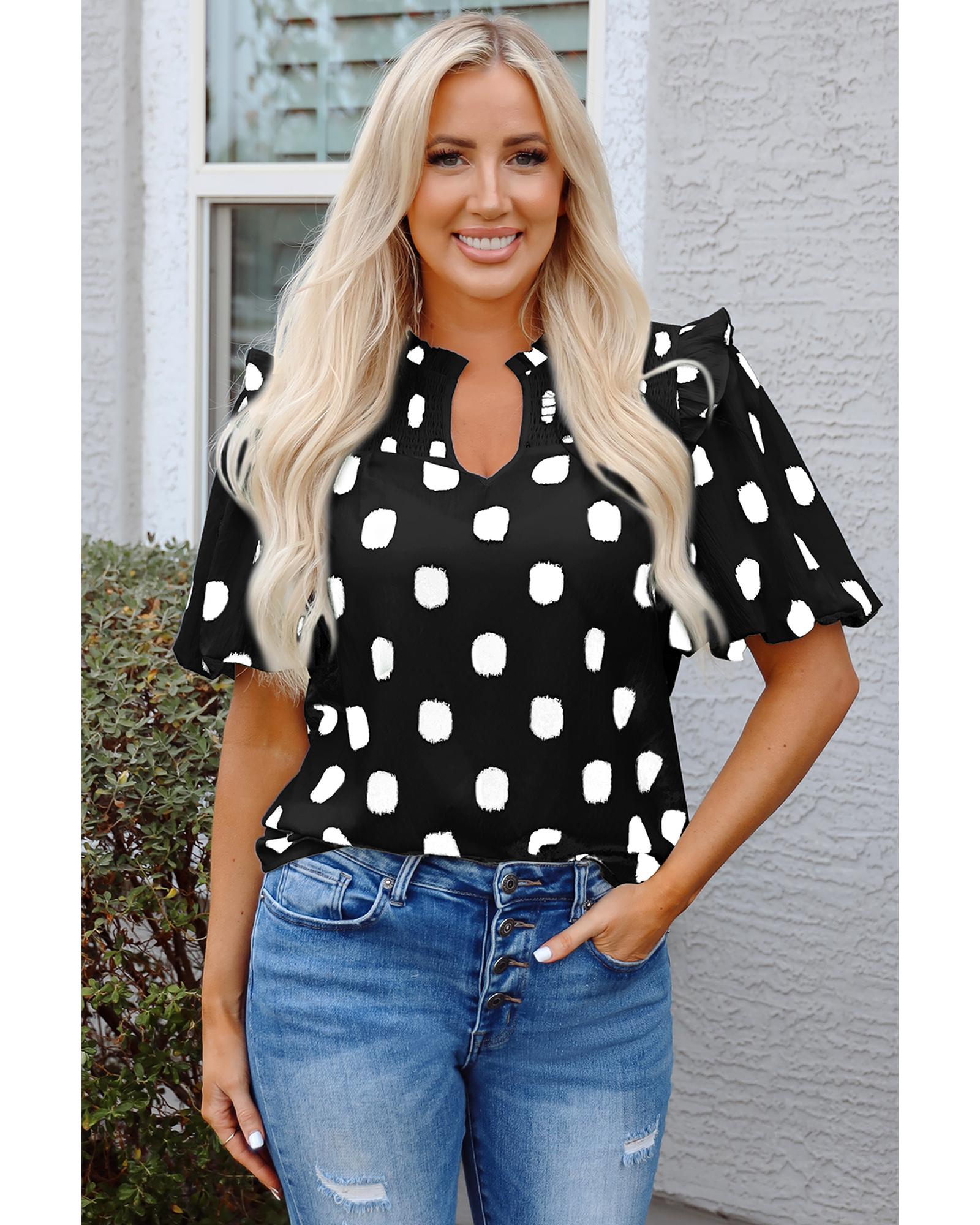 V539-AZEXDC25130347-P220-L-202508271410-00 Black Polka Dot Print Shirred Yoke Notched Neck Balloon Sleeve Blouse - L - Image 1