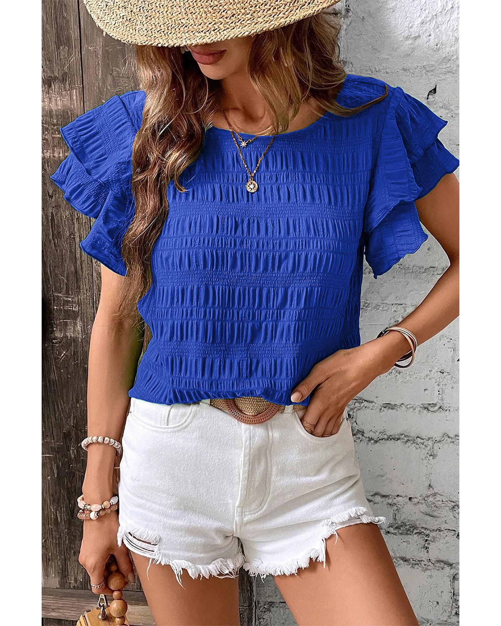 V539-AZEXDC25130371-P5-XL-202508271710-00 Dark Blue Textured Ruffled Sleeve Round Neck Top - XL - Image 1