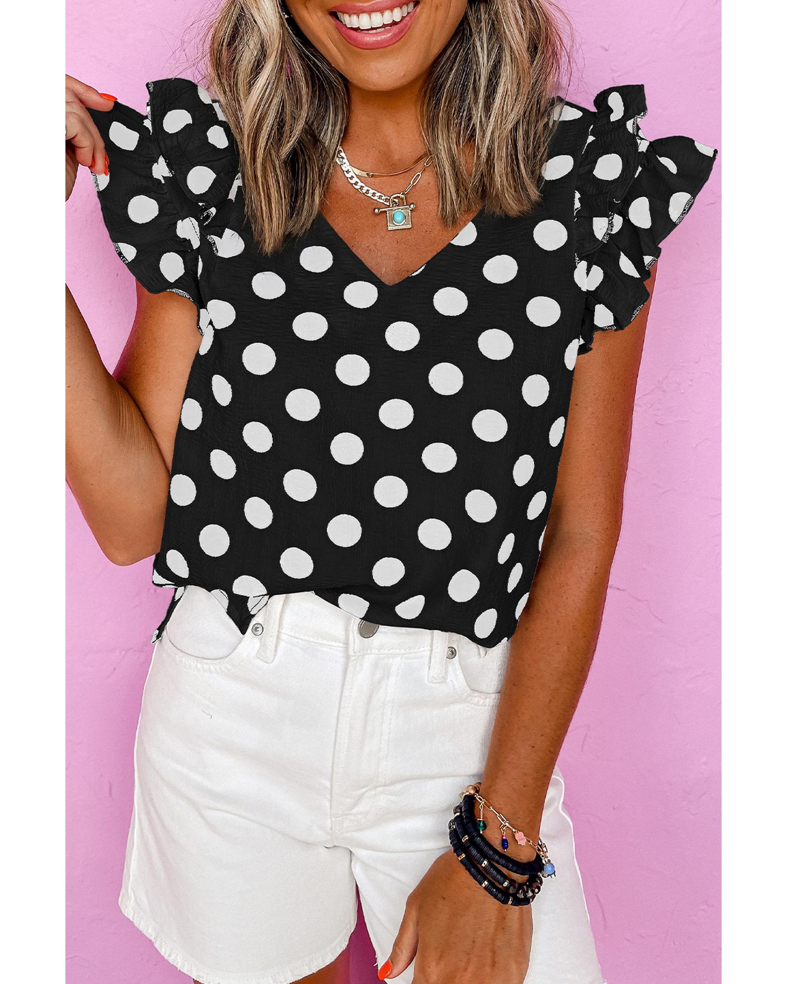 V539-AZEXDC25130401-P220-XL-202508272250-00 Black Polka Dot Print Ruffled Sleeve V Neck Blouse - XL - Image 1