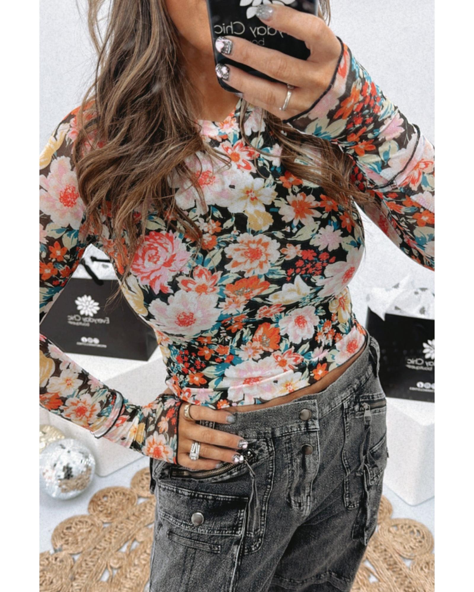 V539-AZEXDC25130410-P1420-S-202508270710-00 Orange Floral Mesh Slim Long Sleeve Crop Top - S - Image 1