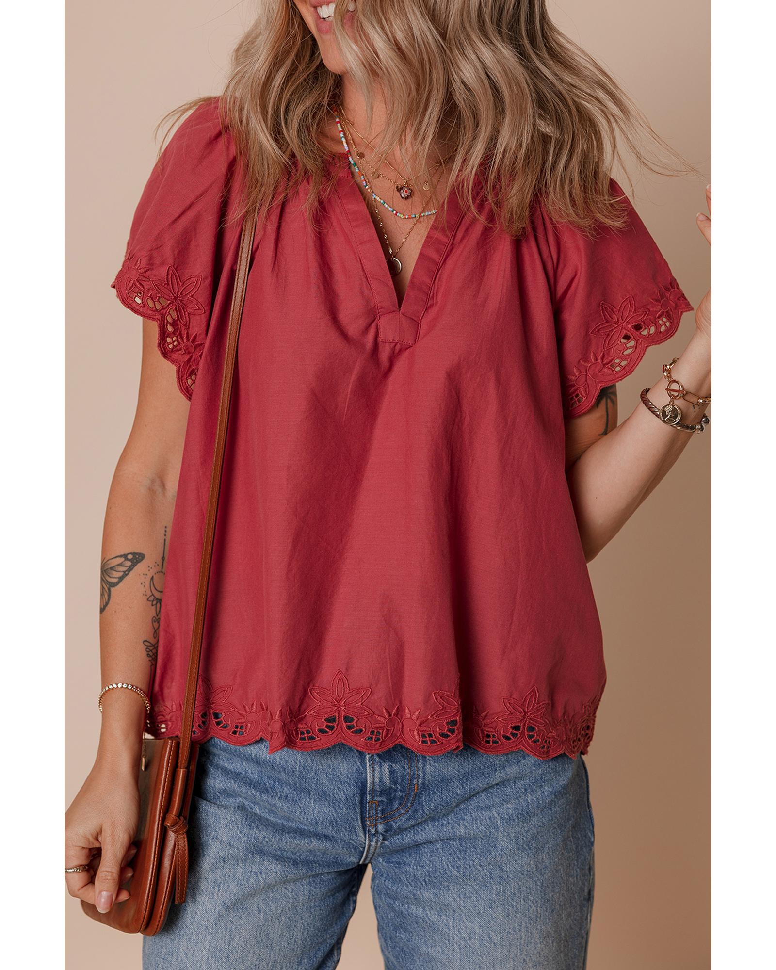 V539-AZEXDC25130424-P403-L-202508270515-00 Red Dahlia Floral Embroidered Scallop Trim Short Sleeve V Neck Blouse - L - Image 1