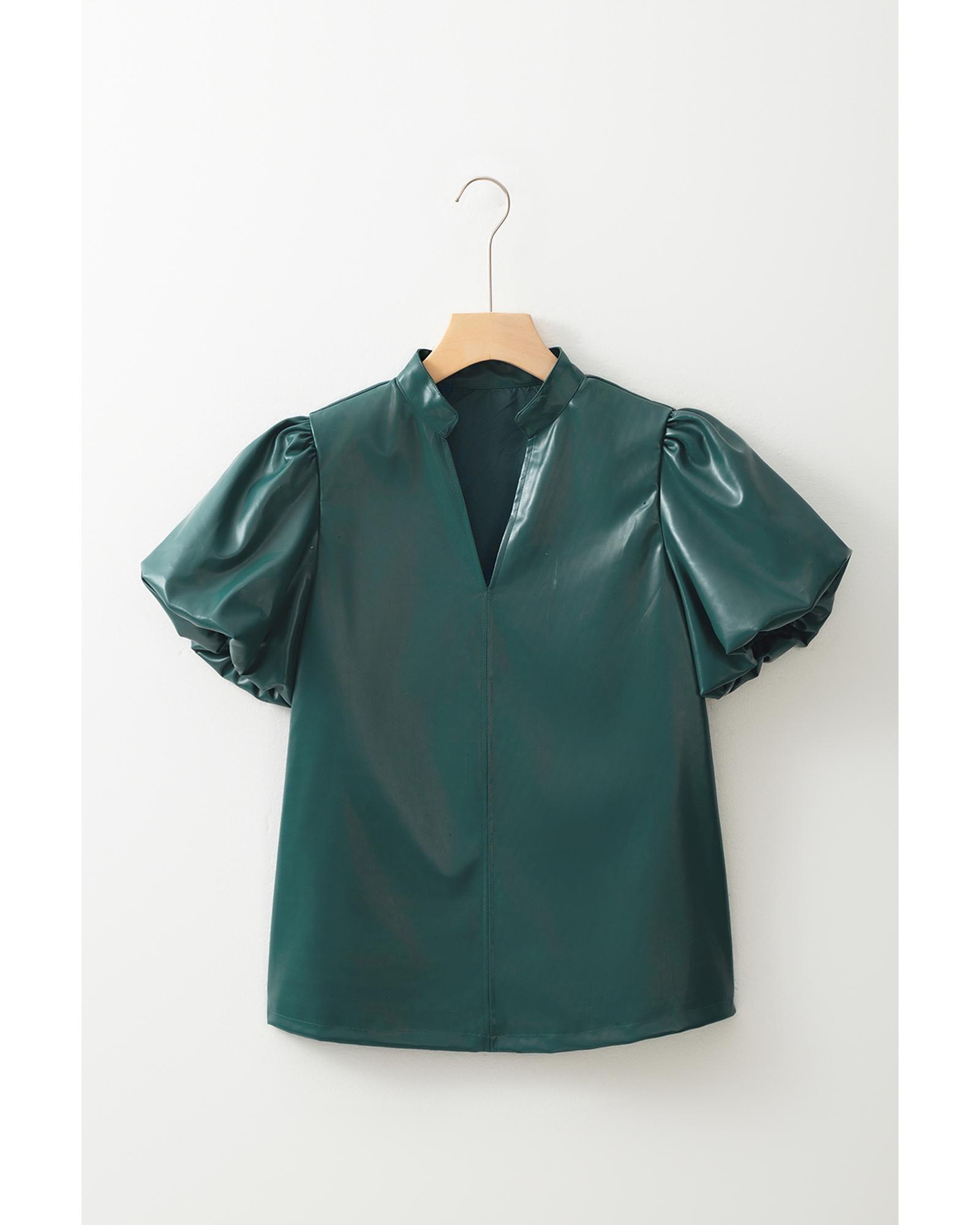 V539-AZEXDC25130451-P1709-S-202506121406-00 Sea Green Notched V Neck Short Puff Sleeve PU Leather Blouse - S - Image 1