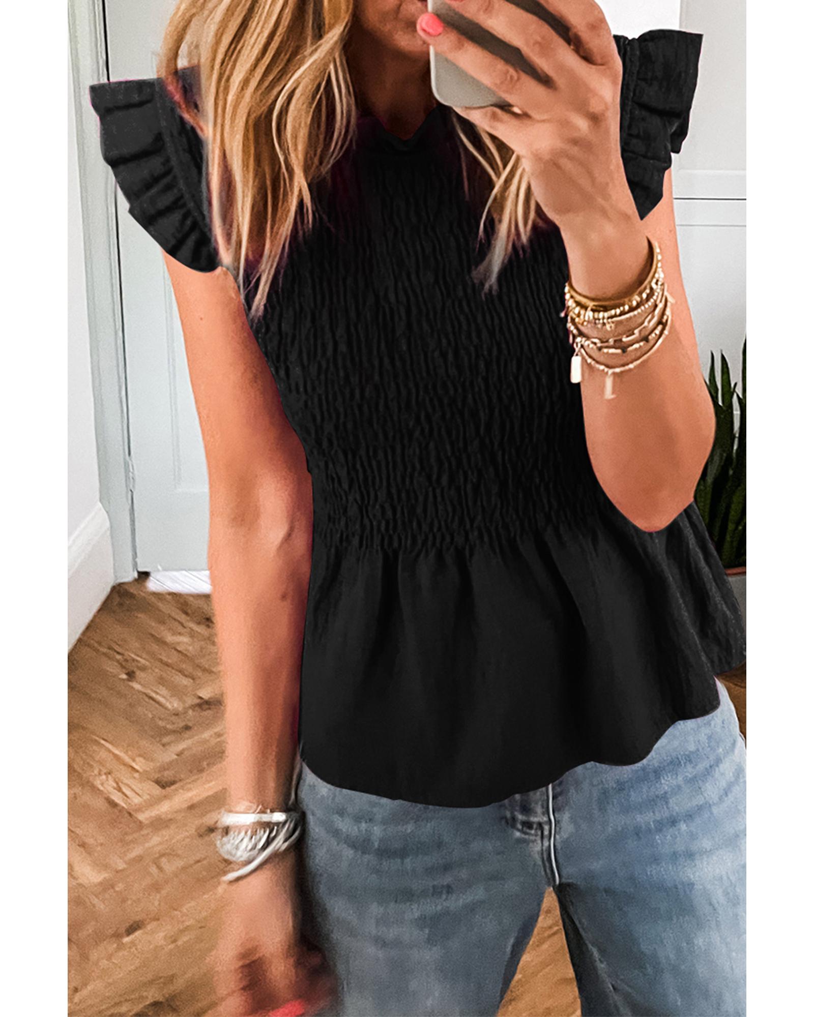 V539-AZEXDC25130456-P2-M-202508270540-00 Black Ruffle Short Sleeve Shirred Peplum Top - M - Image 1