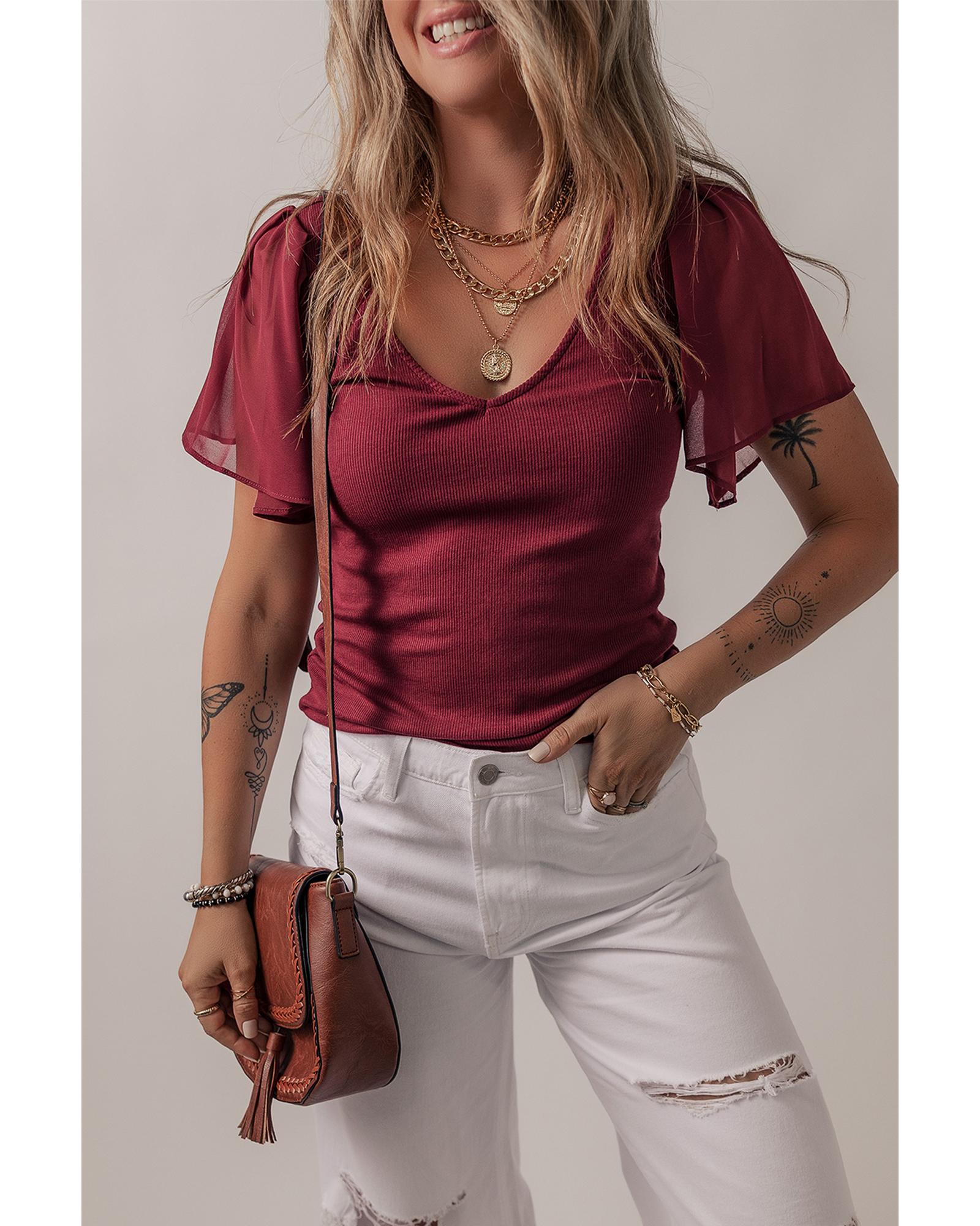 V539-AZEXDC25130457-P403-M-202508271135-00 Red Dahlia Mesh Ruffled Sleeve Slim Fit V Neck Top - M - Image 1