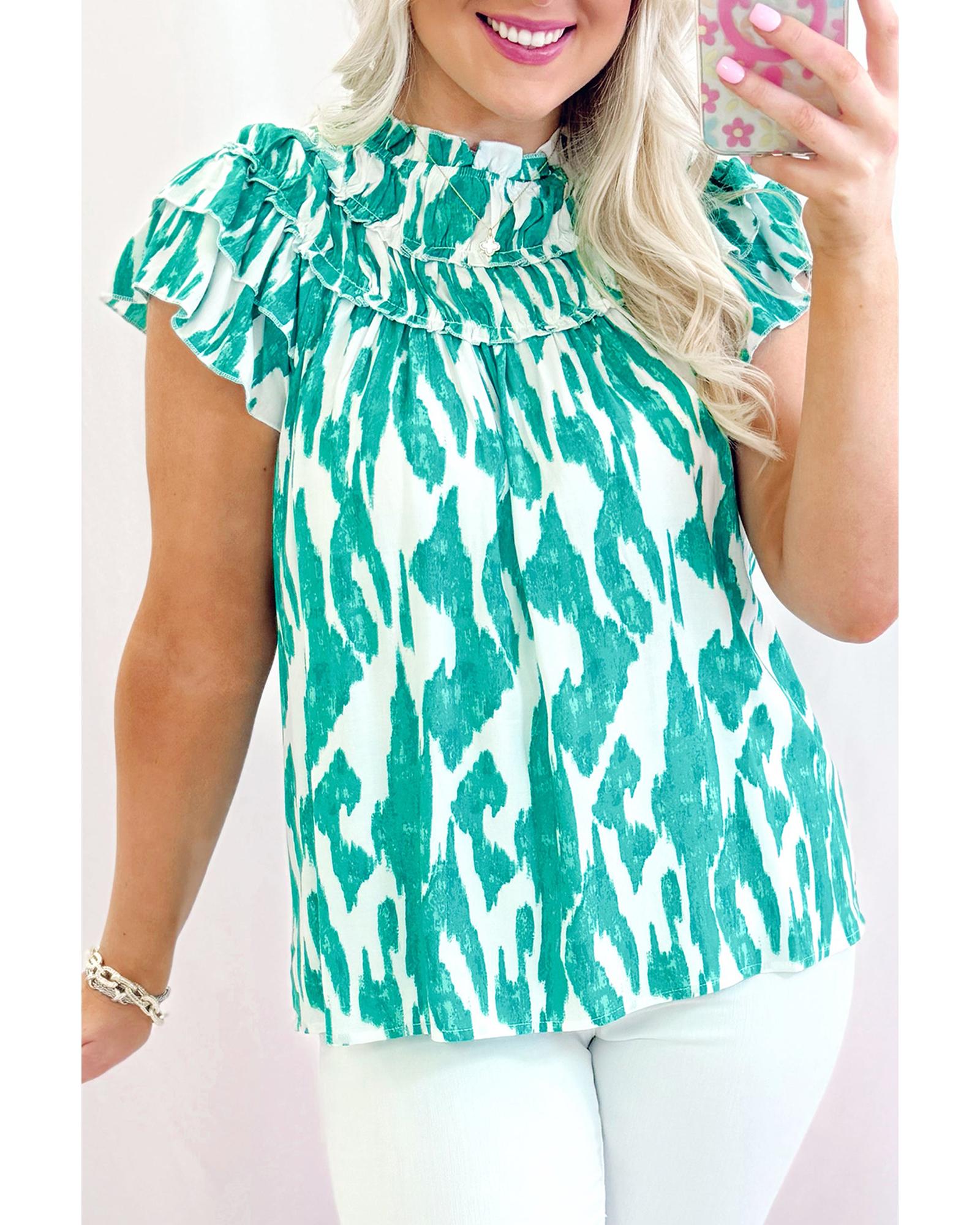 V539-AZEXDC25130614-P420-XL-202508271655-00 Sky Blue Abstract Print Frilled Crewneck Loose Fit Blouse - XL - Image 1