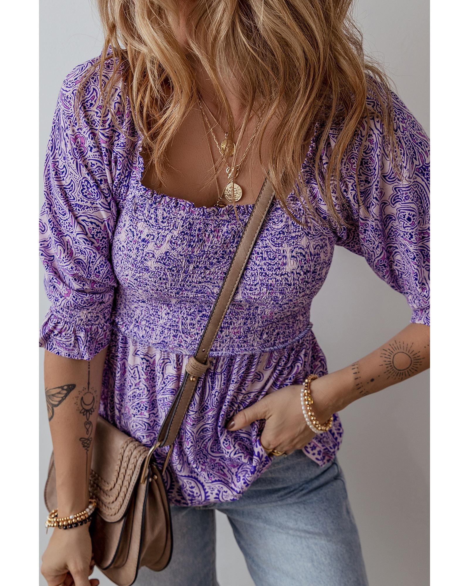 V539-AZEXDC25130617-P820-L-202508280010-00 Purple Boho Paisley Print Half Sleeve Shirred Peplum Blouse - L - Image 1