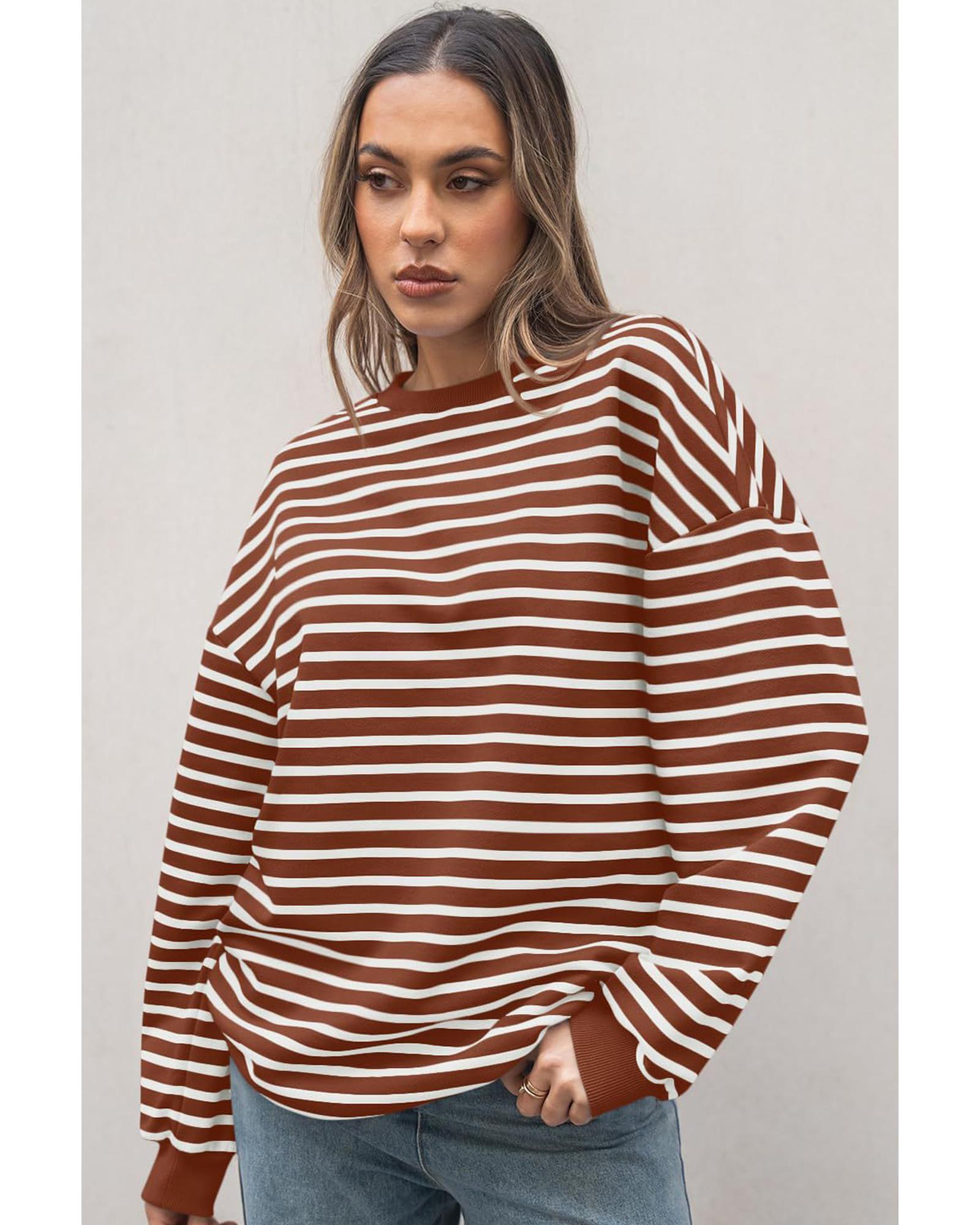 V539-AZEXDC25130684-P1017-S-202506120941-00 Coffee Striped Long Sleeve Round Neck Loose Top - S - Image 1
