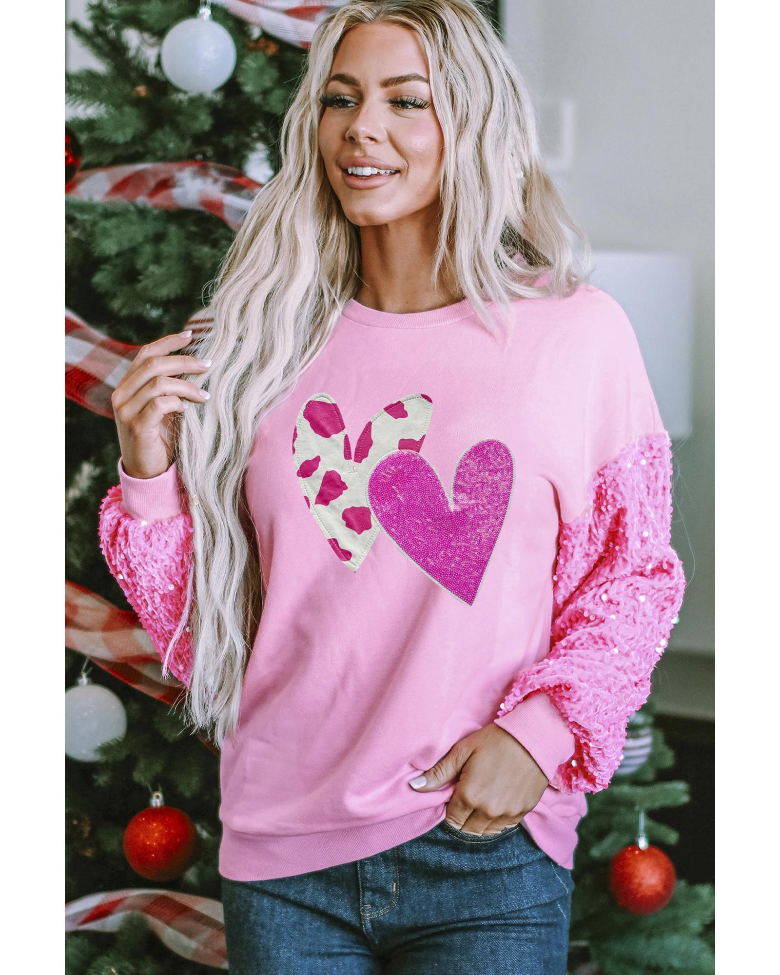 V539-AZEXDC25130737-P10-M-202508270535-00 Pink Valentines Heart Graphic Sequin Patchwork Long Sleeve Top - M - Image 1