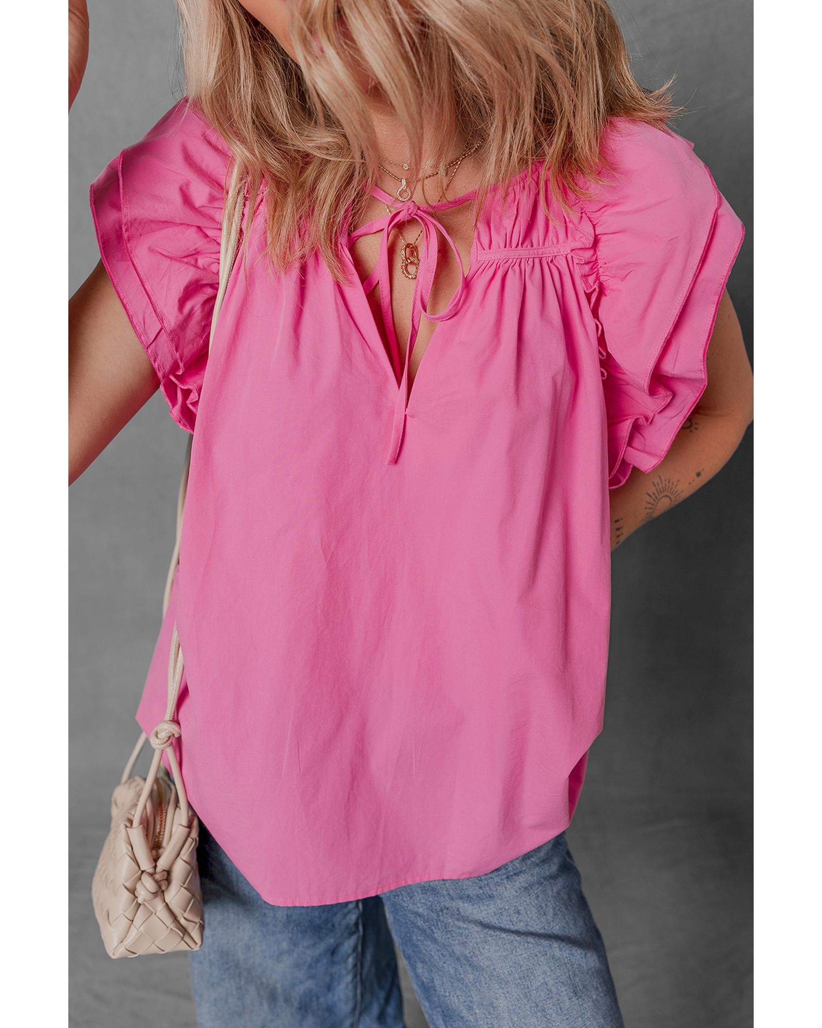 V539-AZEXDC25130751-P406-M-202508270620-00 Sachet Pink Shirred Yoke Lace up V Neck Ruffled Sleeve Blouse - M - Image 1