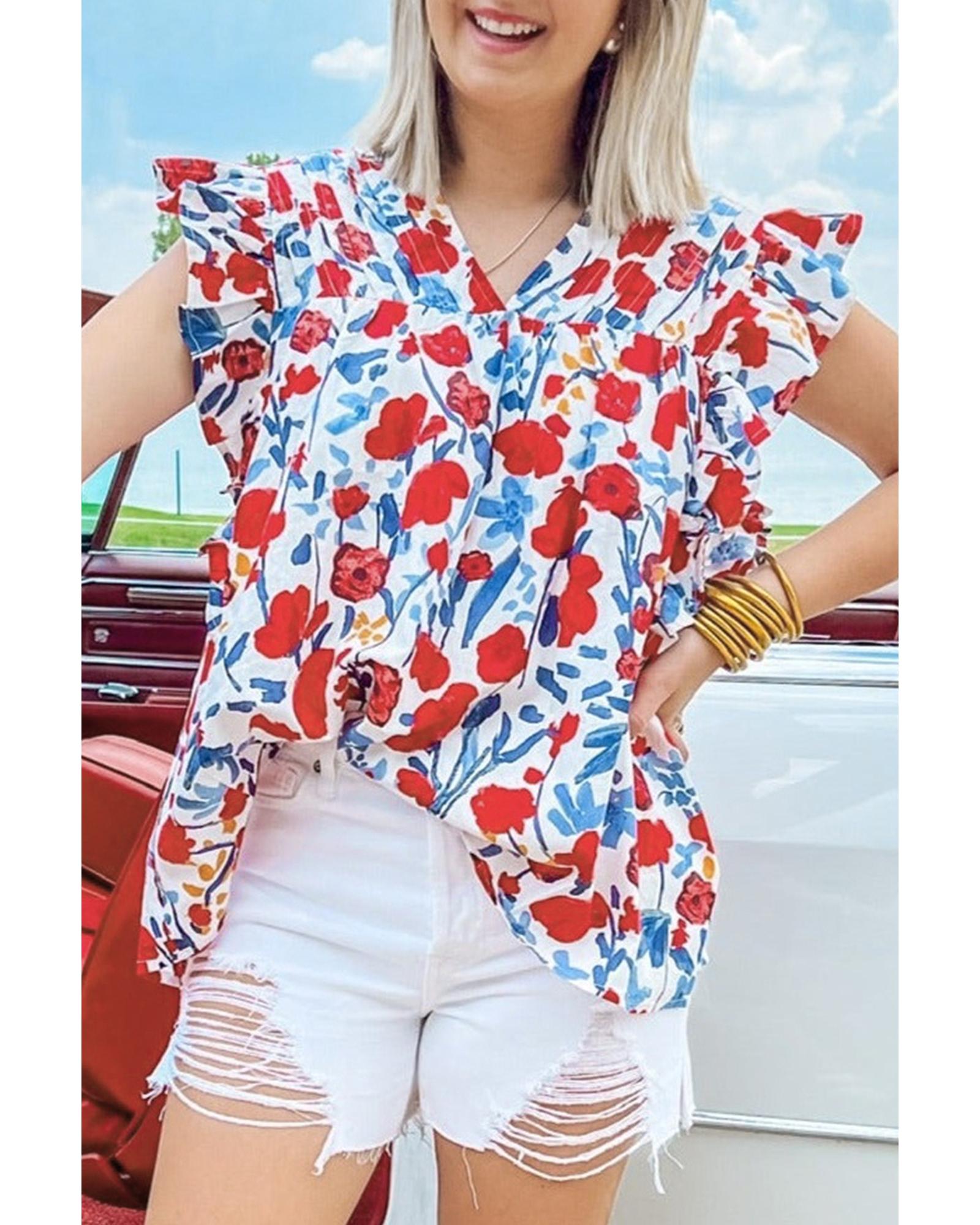 V539-AZEXDC25130766-P10320-L-202508270135-00 Red Flowers Pintuck Detail V-Neck Ruffled Sleeve Top - L - Image 1