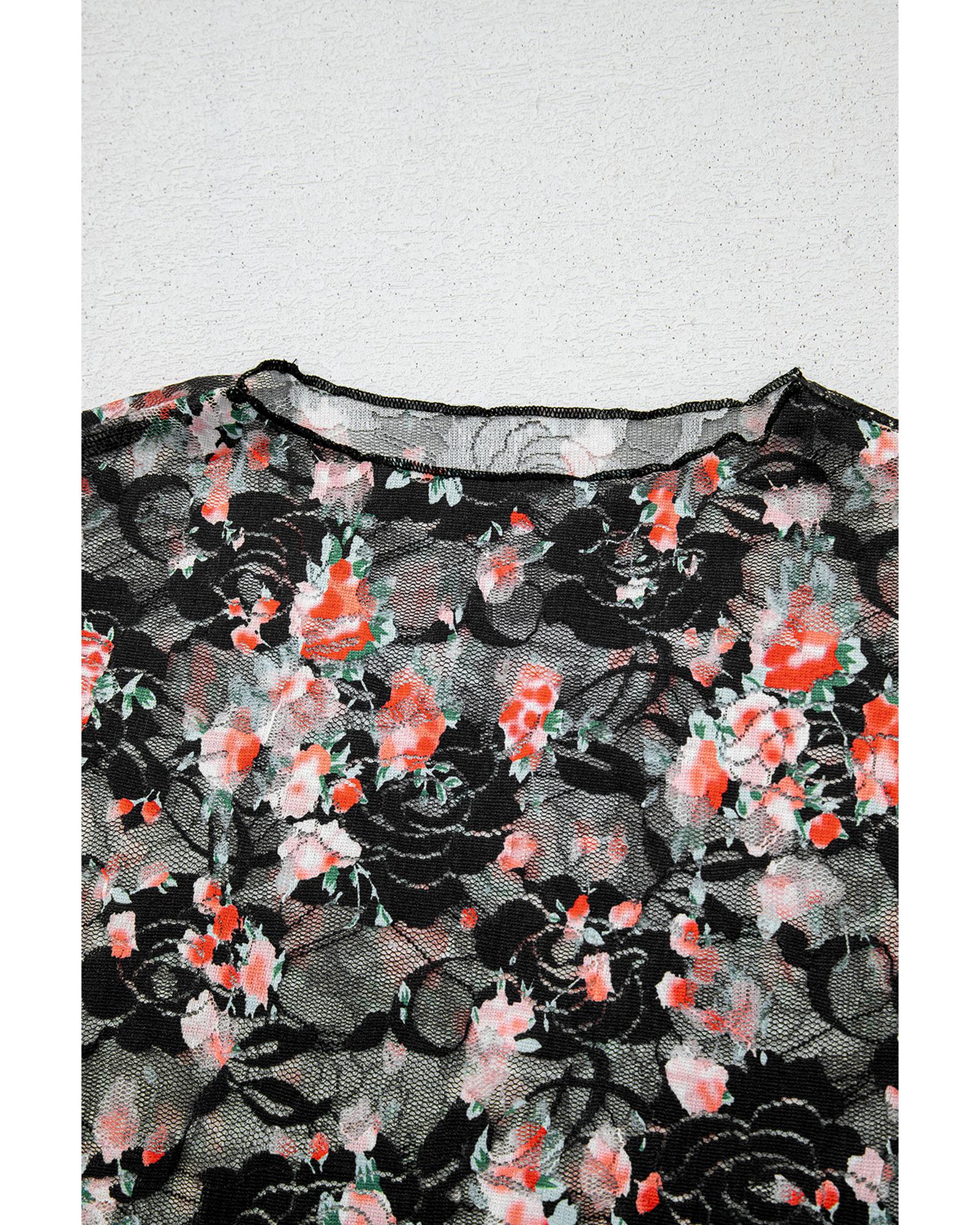 V539-AZEXDC25130800-P220-M-202508280035-00 Black Floral Mesh Sheer Long Sleeve Top - M - Image 1