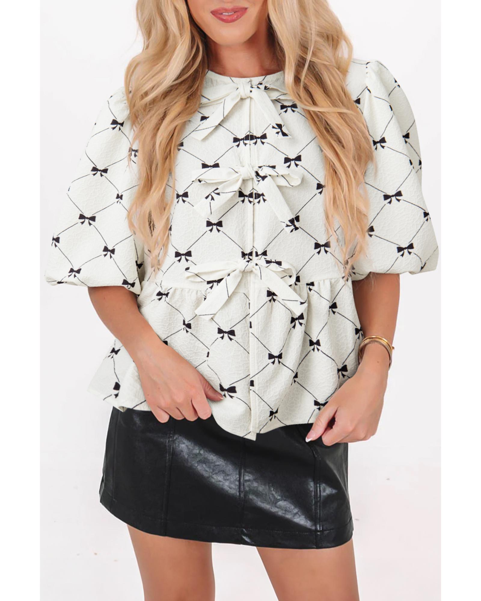 V539-AZEXDC25130863-P120-L-202508271905-00 White Bowknot Print Front Knots Bubble Sleeve Blouse - L - Image 1