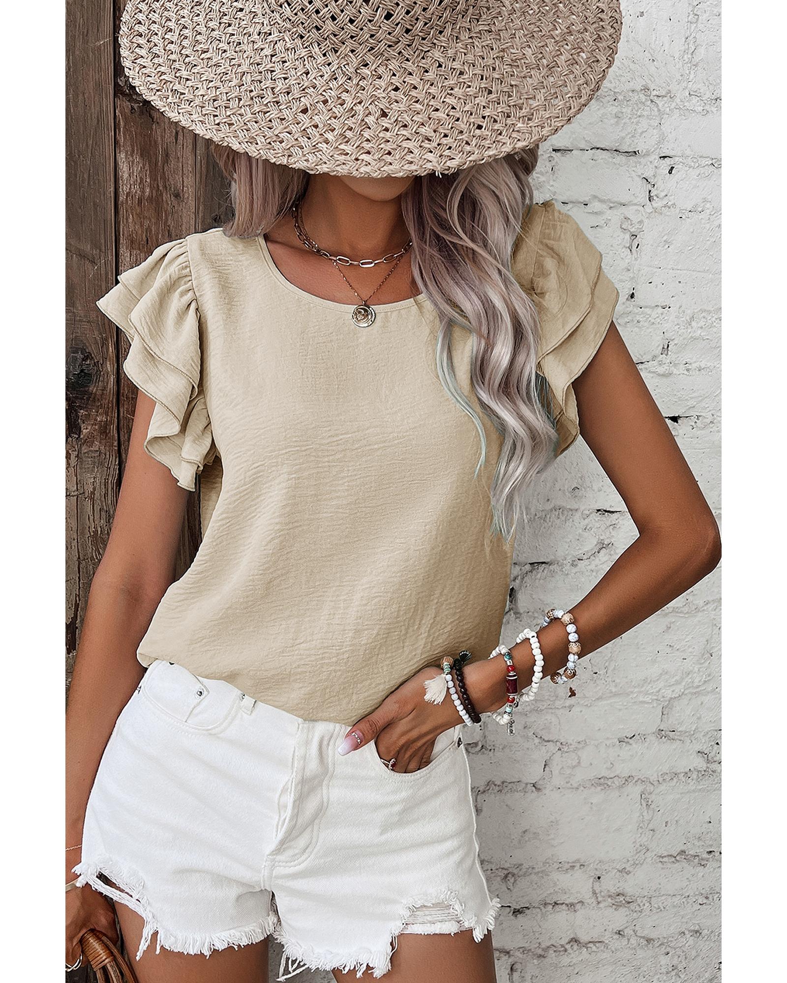 V539-AZEXDC25130897-P15-S-202506121221-00 Beige Solid Color Ruffled Short Sleeve Casual Blouse - S - Image 1