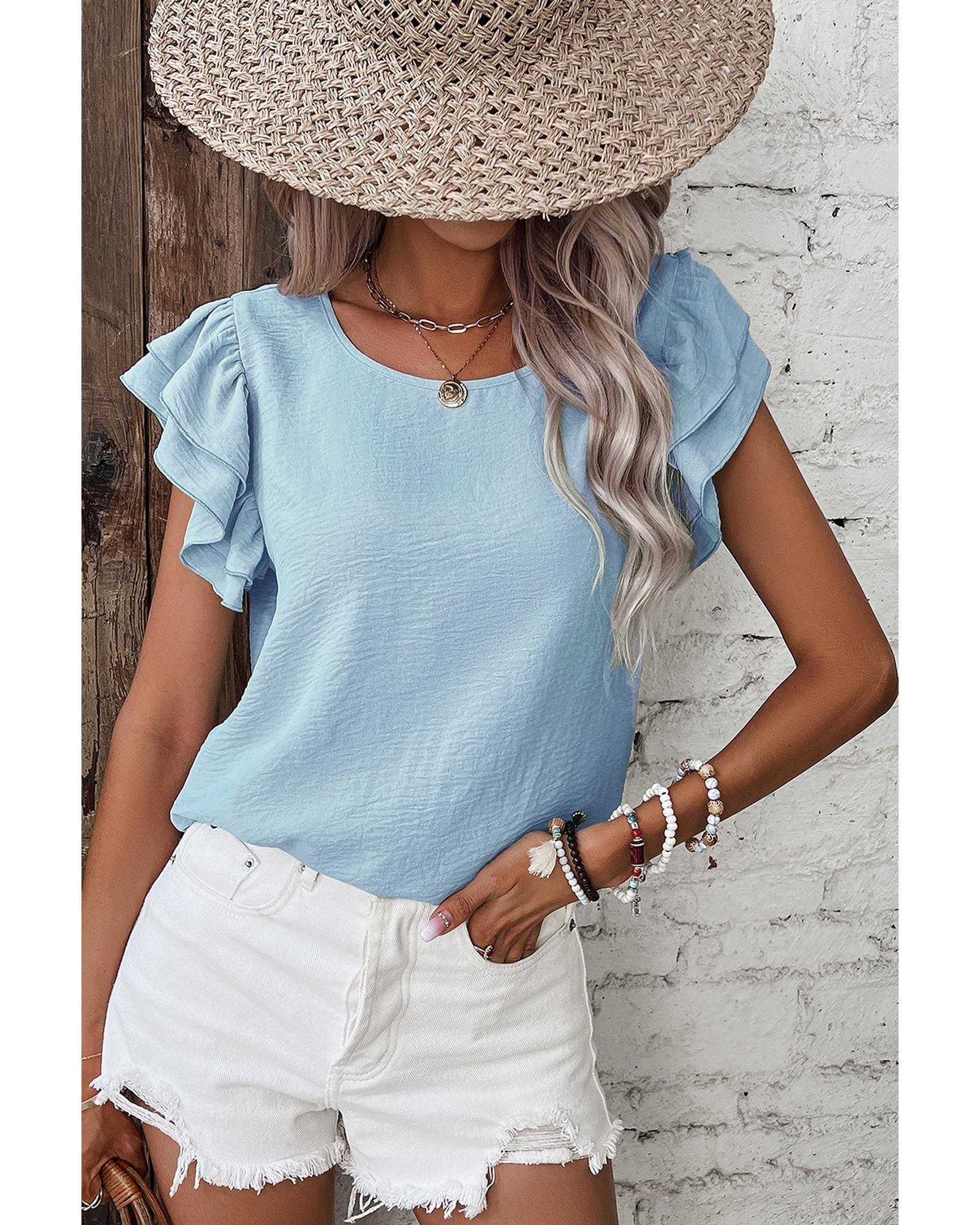 V539-AZEXDC25130897-P204-M-202508271355-00 Mist Blue Solid Color Ruffled Short Sleeve Casual Blouse - M - Image 1