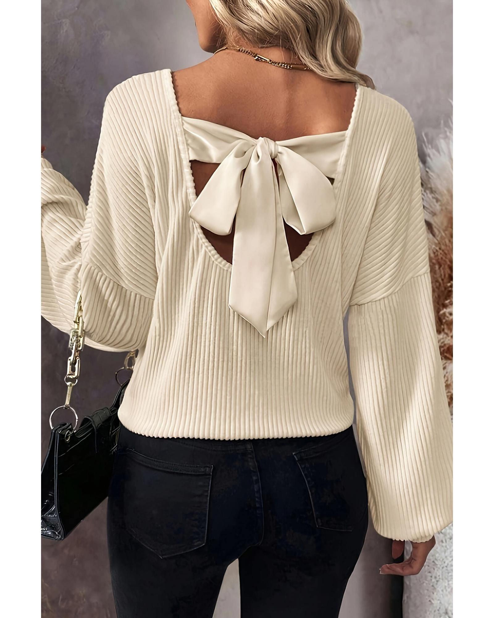 V539-AZEXDC25131077-P101-M-202506121312-00 White Knot Back Drop Shoulder Ribbed Long Sleeve Blouse - M - Image 1