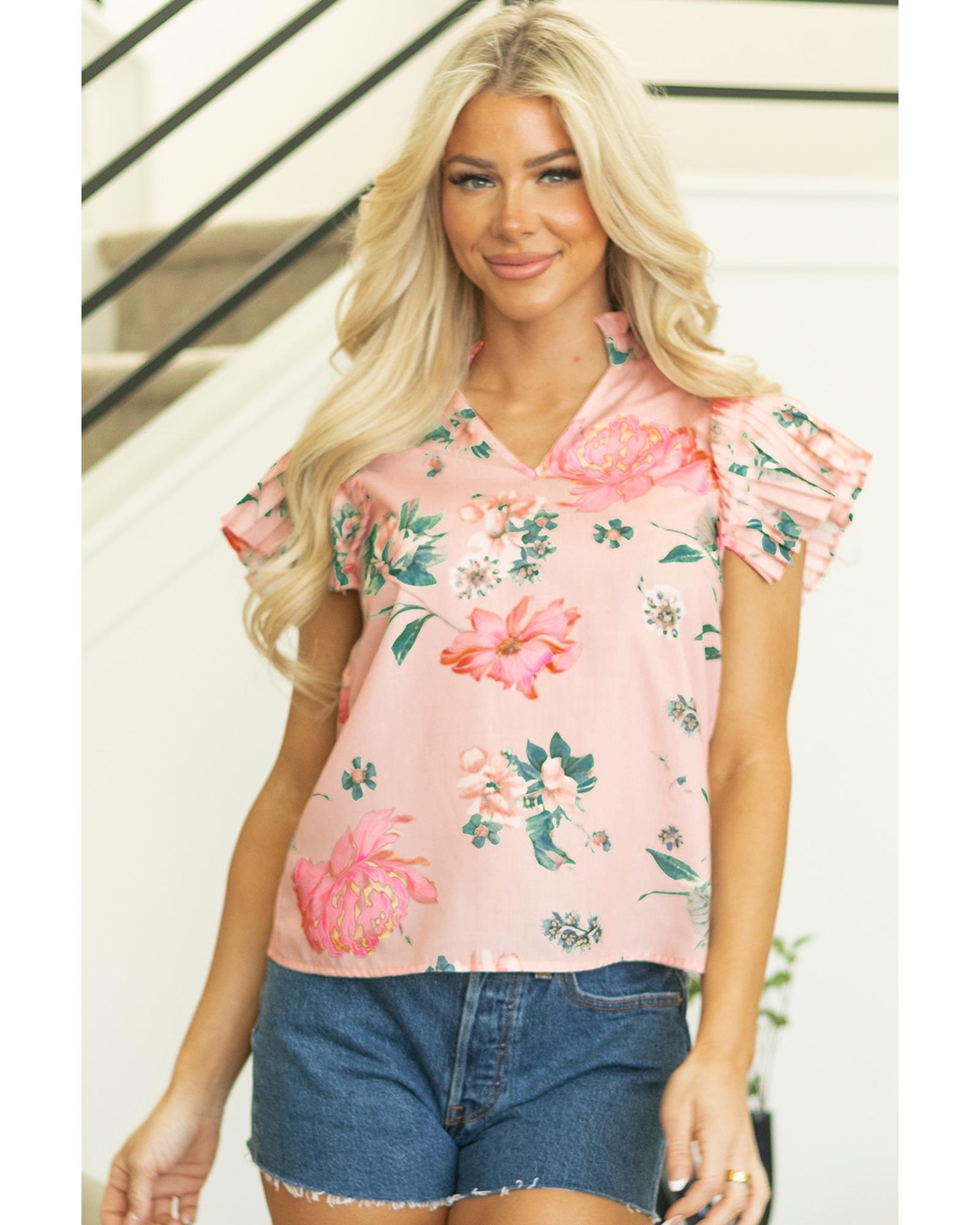 V539-AZEXDC25131130-P1020-S-202506121316-00 Pink Floral Print Frilled V Neck Pleated Sleeve Blouse - S - Image 1