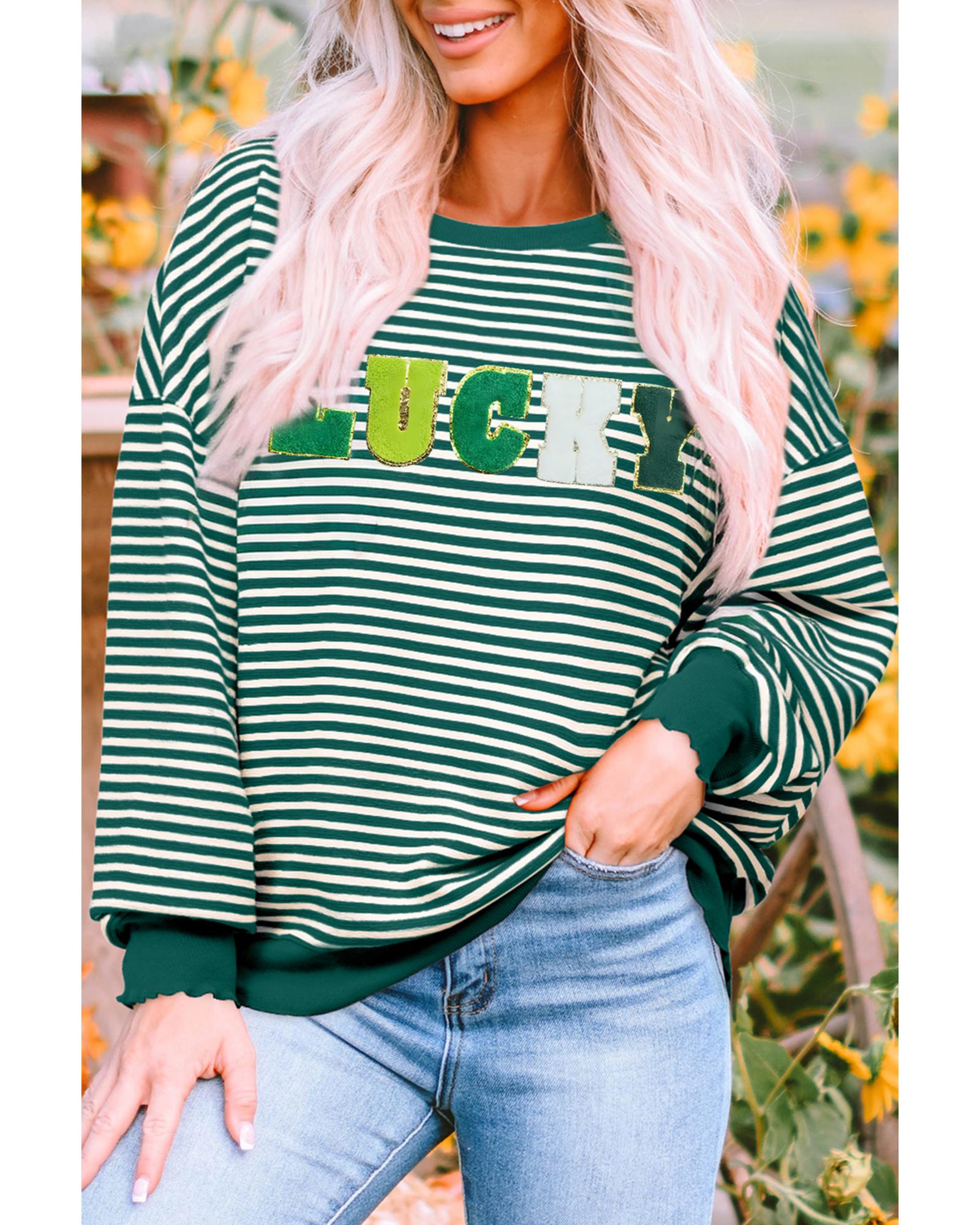 V539-AZEXDC25131283-P919-L-202508272255-00 Green Stripe Chenille LUCKY Patched Pattern St Patrick Long Sleeve Top - L - Image 1