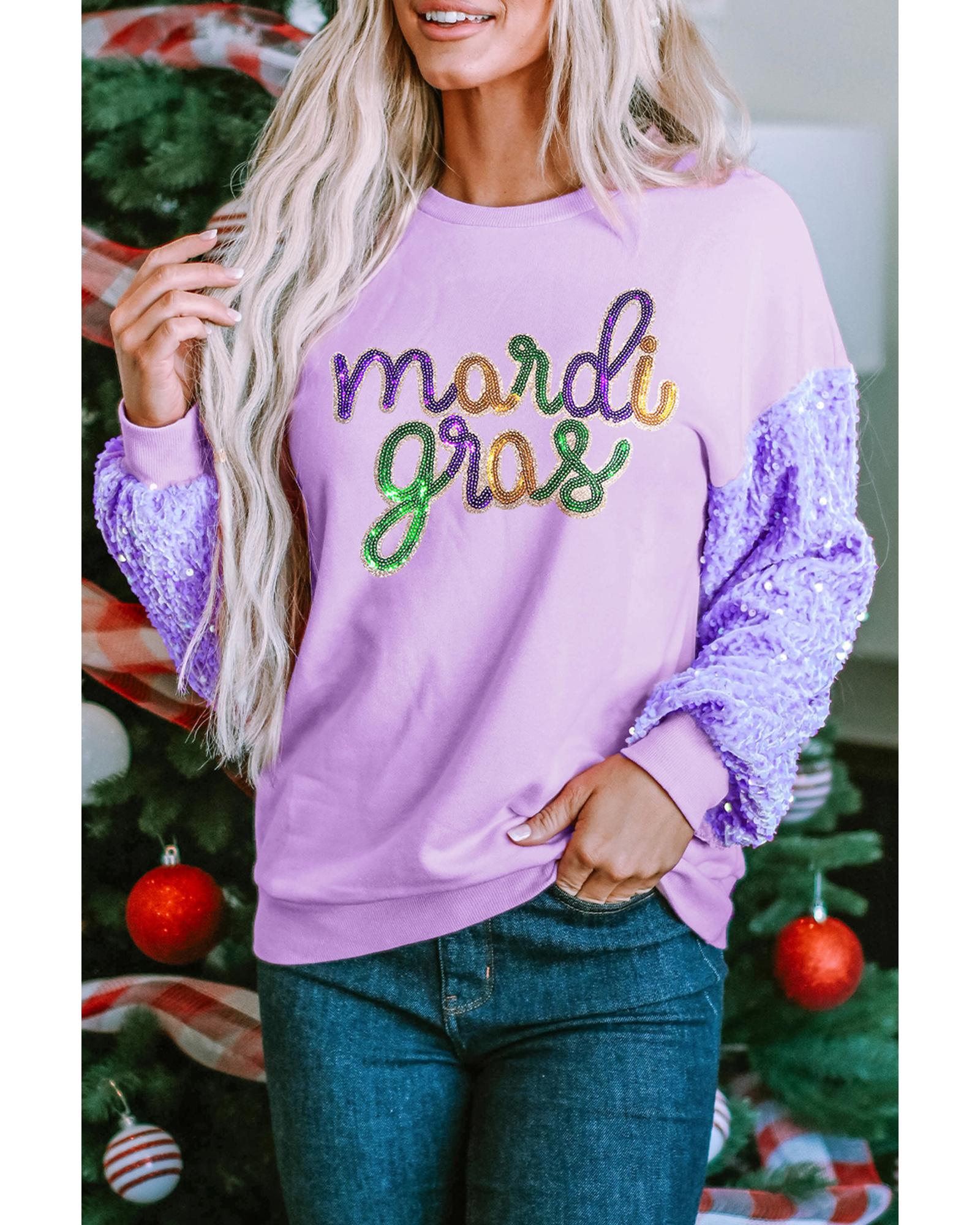 V539-AZEXDC25131285-P708-XL-202508270915-00 Orchid Petal mardi gras Graphic Sequin Patchwork Long Sleeve Top - XL - Image 1
