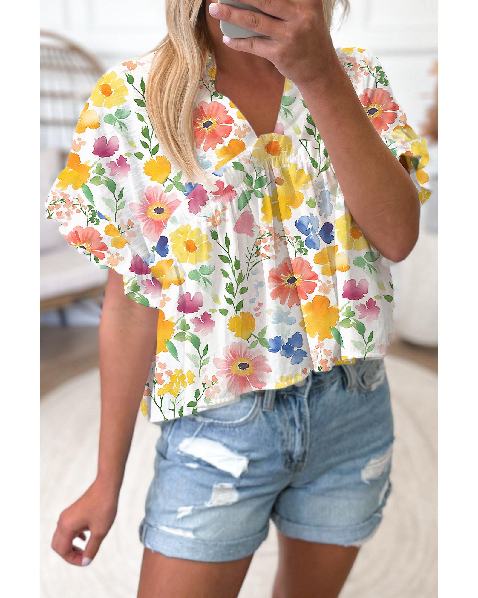 V539-AZEXDC25131346-P720-L-202508272025-00 Yellow Floral Boxy Fit Ruffled Short Sleeve V Neck Blouse - L - Image 1
