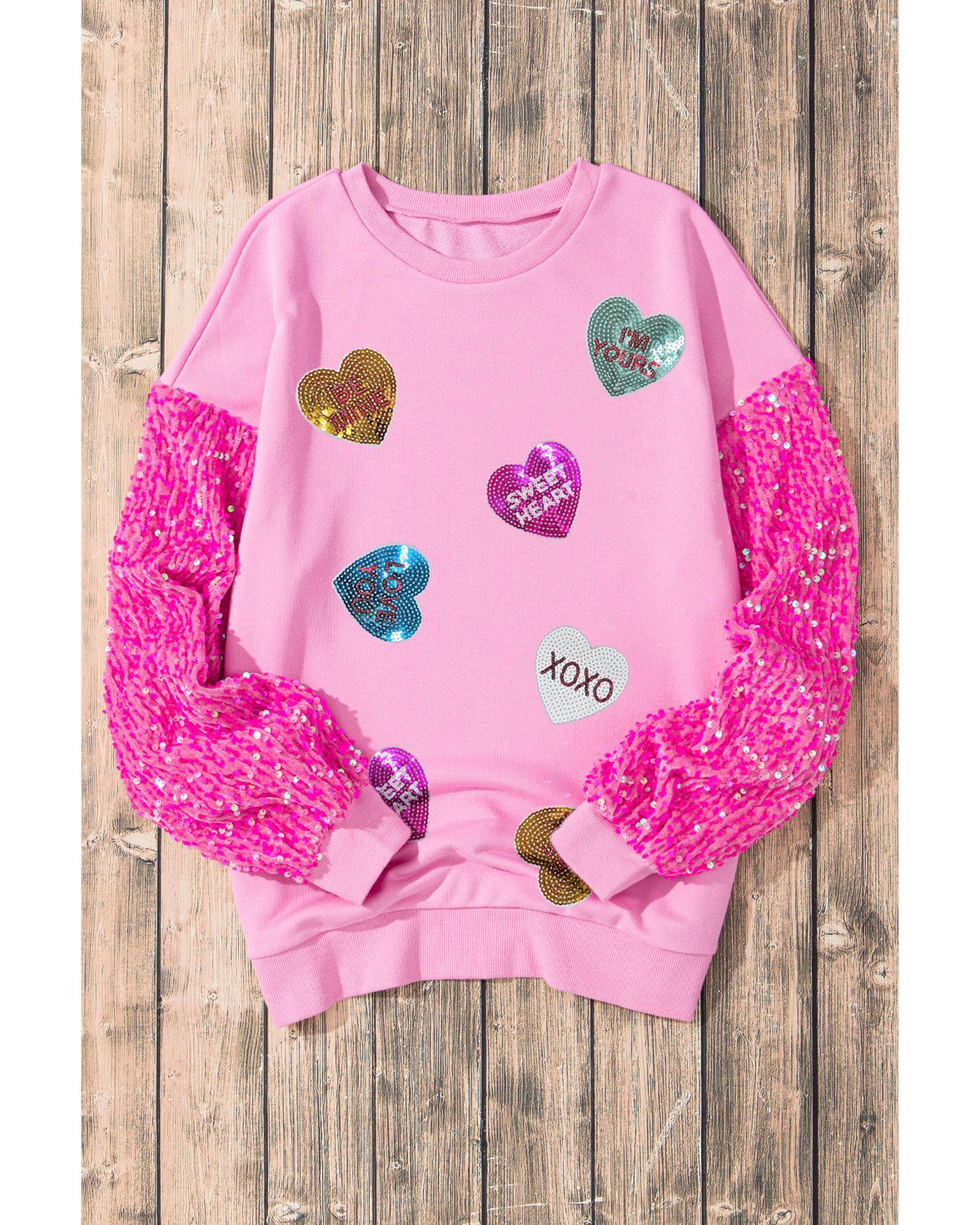 V539-AZEXDC25131370-P10-M-202508270520-00 Pink Valentine Shiny Slogan Heart Sequin Sleeve Patchwork Pullover Top - M - Image 1