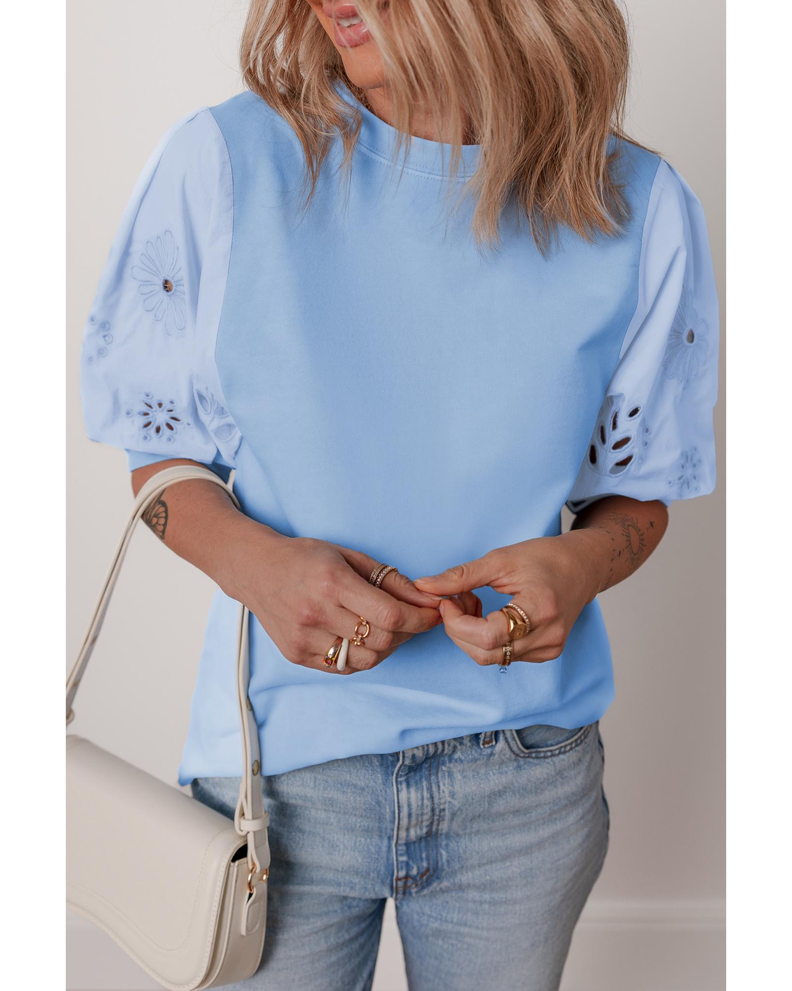 V539-AZEXDC25131382-P804-M-202508271410-00 Beau Blue Eyelet Flower Embroidered Puff Short Sleeve Patchwork Crew Neck Blouse - M - Image 1