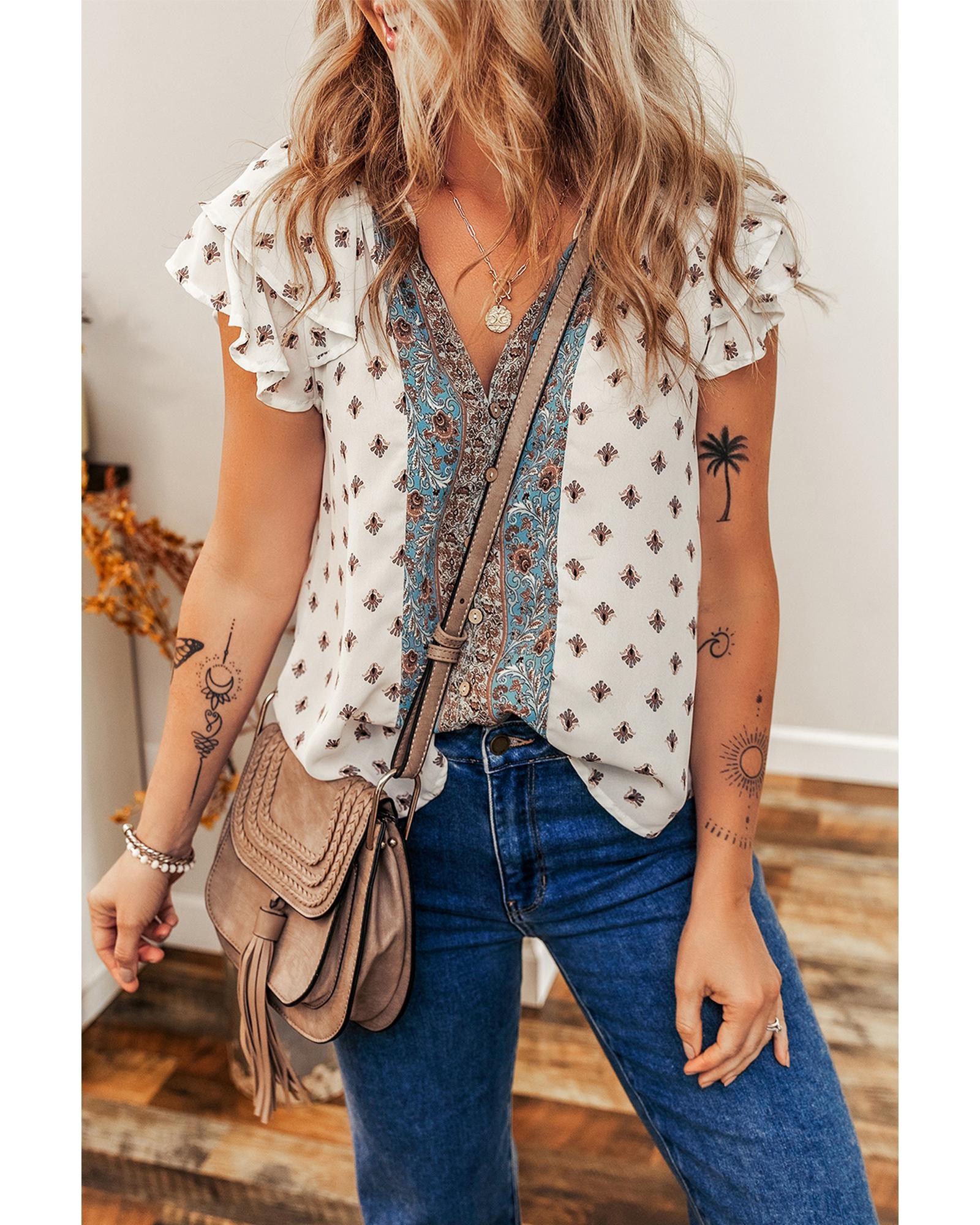 V539-AZEXDC25131409-P120-S-202506121341-00 White Boho Pattern Tiered Ruffled Sleeve V Neck Buttoned Blouse - S - Image 1