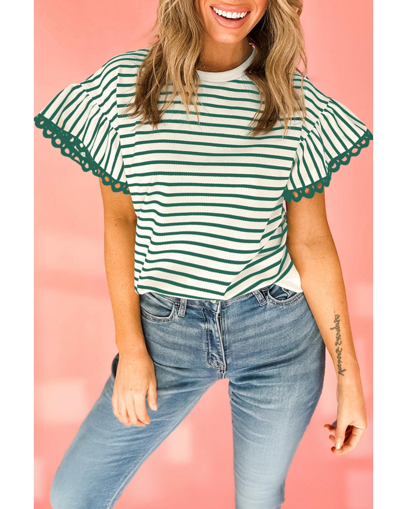 V539-AZEXDC25131566-P919-L-202508271650-00 Green Stripe Scallop Lace Trim Ruffle Short Sleeves Crewneck Top - L - Image 1
