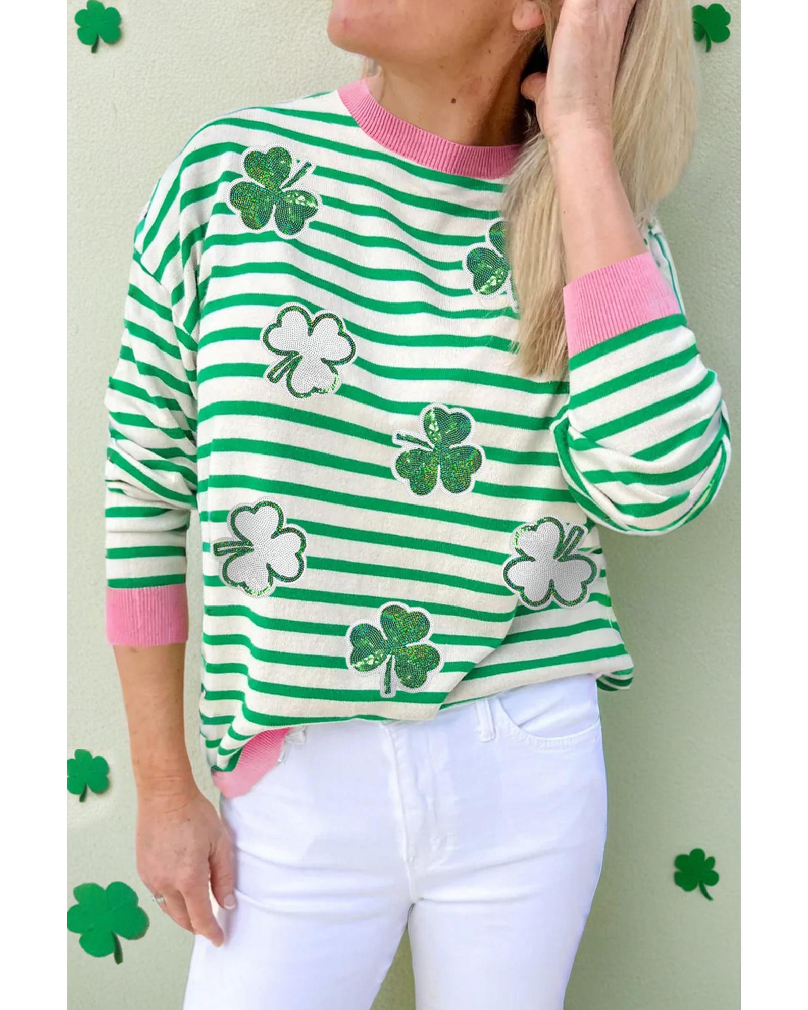V539-AZEXDC25131580-P109-L-202508270440-00 Bright Green Striped Sequin Clover Graphic Colorblock Long Sleeve St Patrick Top - L - Image 1