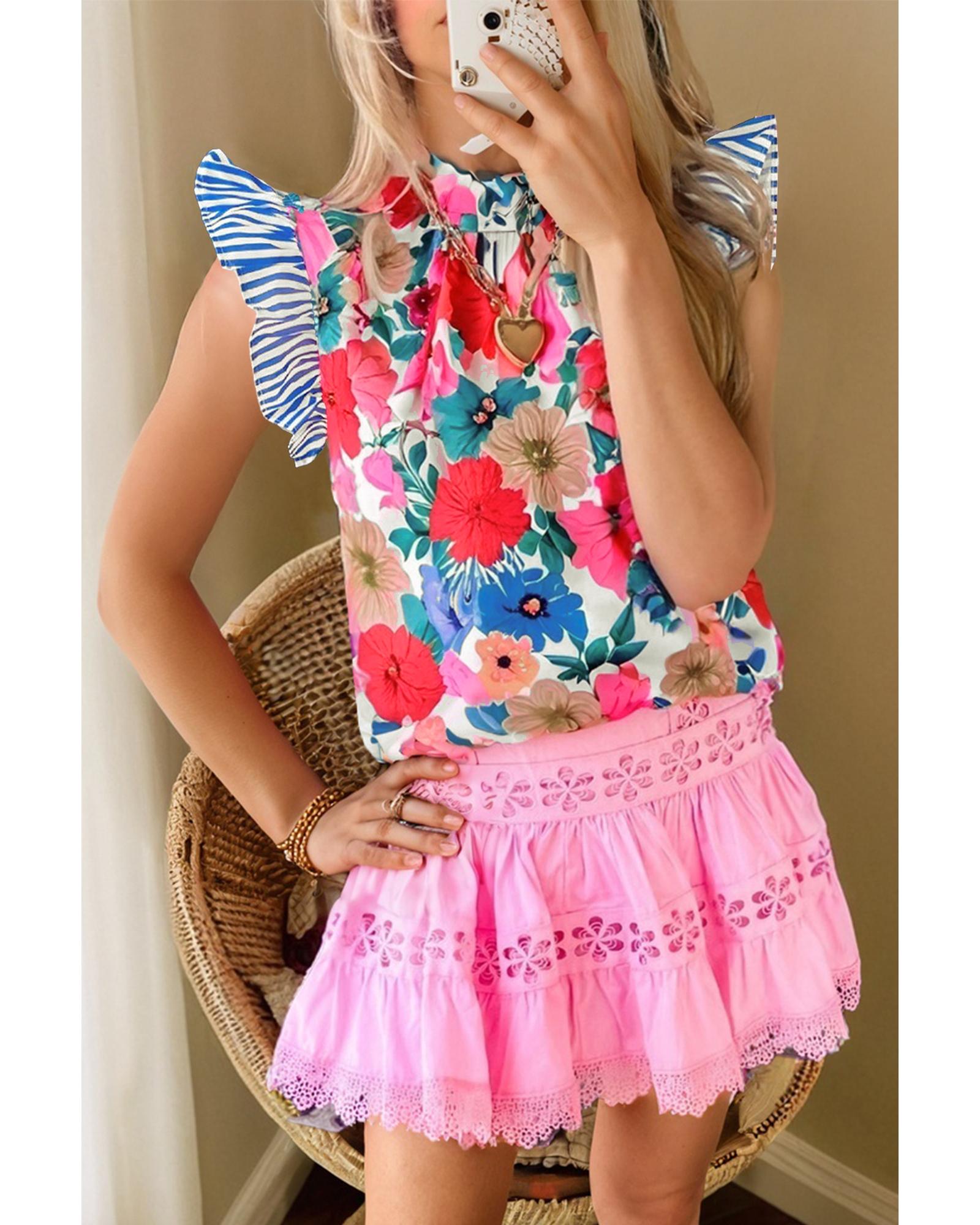 V539-AZEXDC25131612-P420-S-202506121417-00 Sky Blue Floral Mock Neck Striped Flutter Sleeve Blouse - S - Image 1