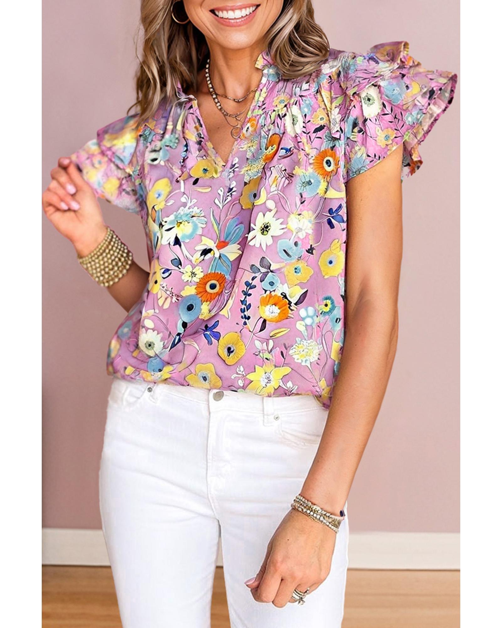 V539-AZEXDC25131619-P1020-XL-202508271605-00 Pink Flutter Sleeve V Neck Floral Top - XL - Image 1
