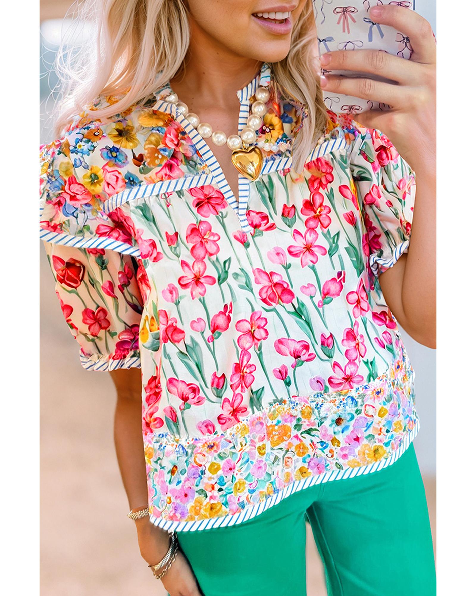 V539-AZEXDC25131786-P1020-S-202506121426-00 Pink Floral Print Striped Detail Split Neck Short Sleeve Blouse - S - Image 1