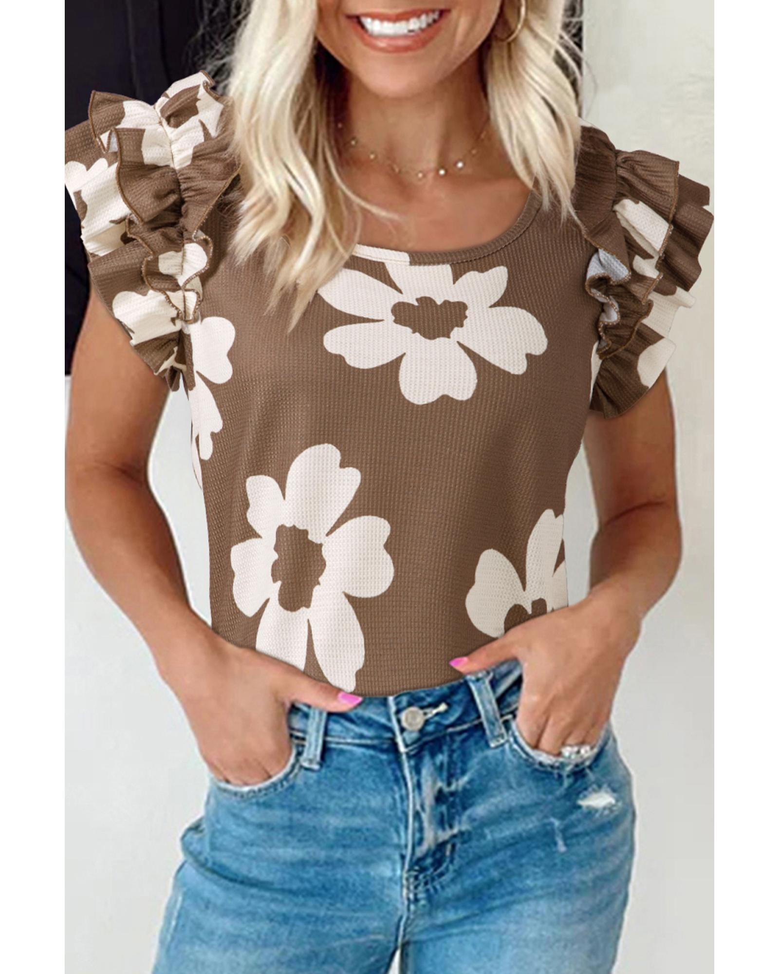 V539-AZEXDC25131875-P1720-XL-202508271640-00 Brown Floral Textured Ruffled Short Sleeve Square Neck Blouse - XL - Image 1