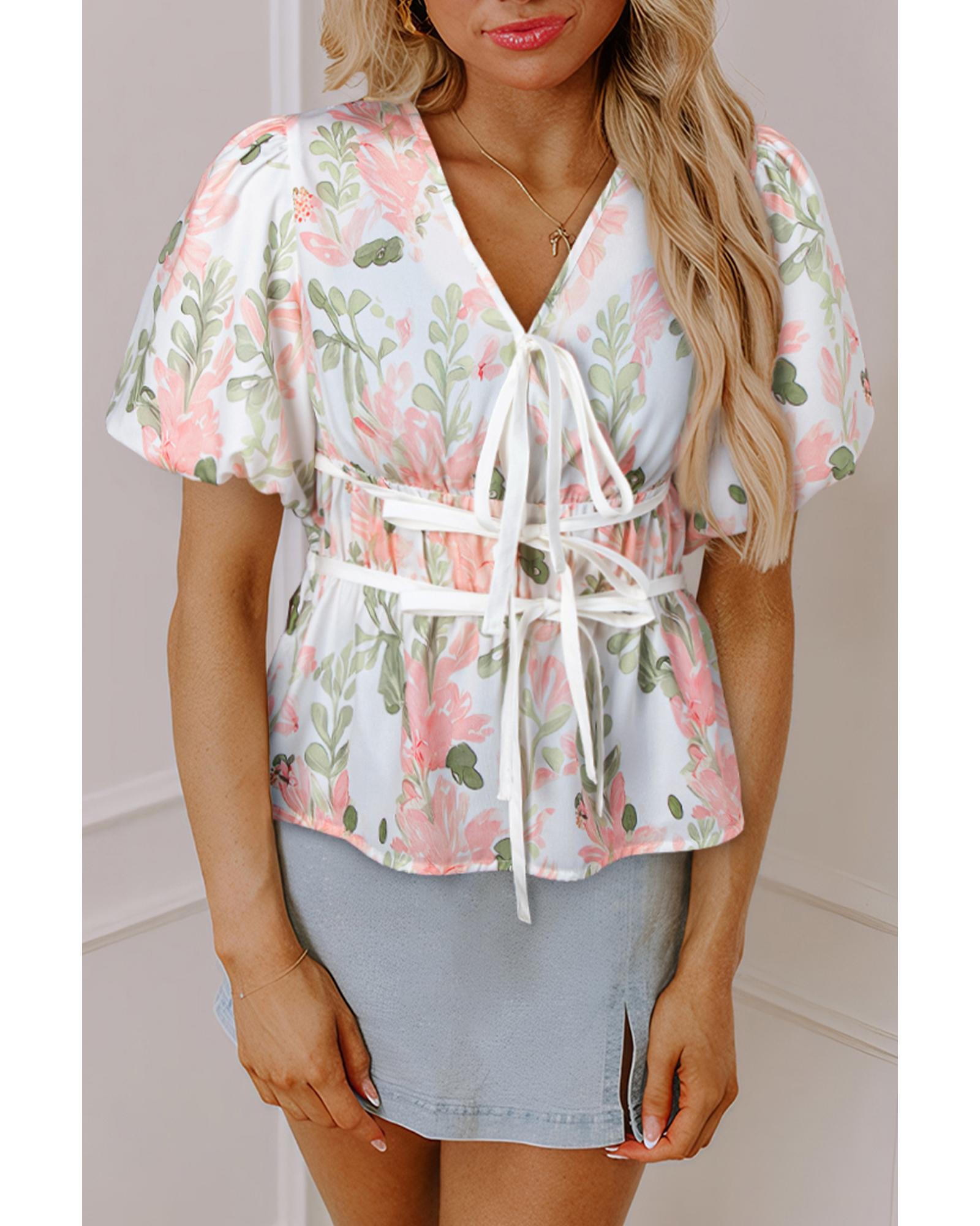 V539-AZEXDC25131993-P1020-M-202508272350-00 Pink Floral Puff Sleeve V Neck Tied Front Peplum Blouse - M - Image 1