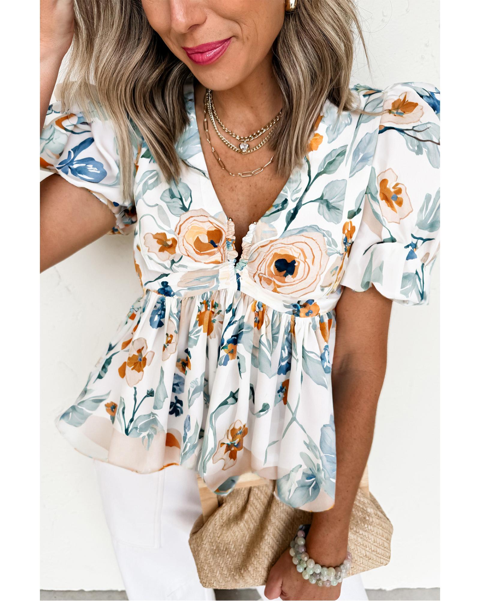 V539-AZEXDC25131995-P920-XL-202506120852-00 Green Floral Print Puff Sleeve V Neck Babydoll Blouse - XL - Image 1